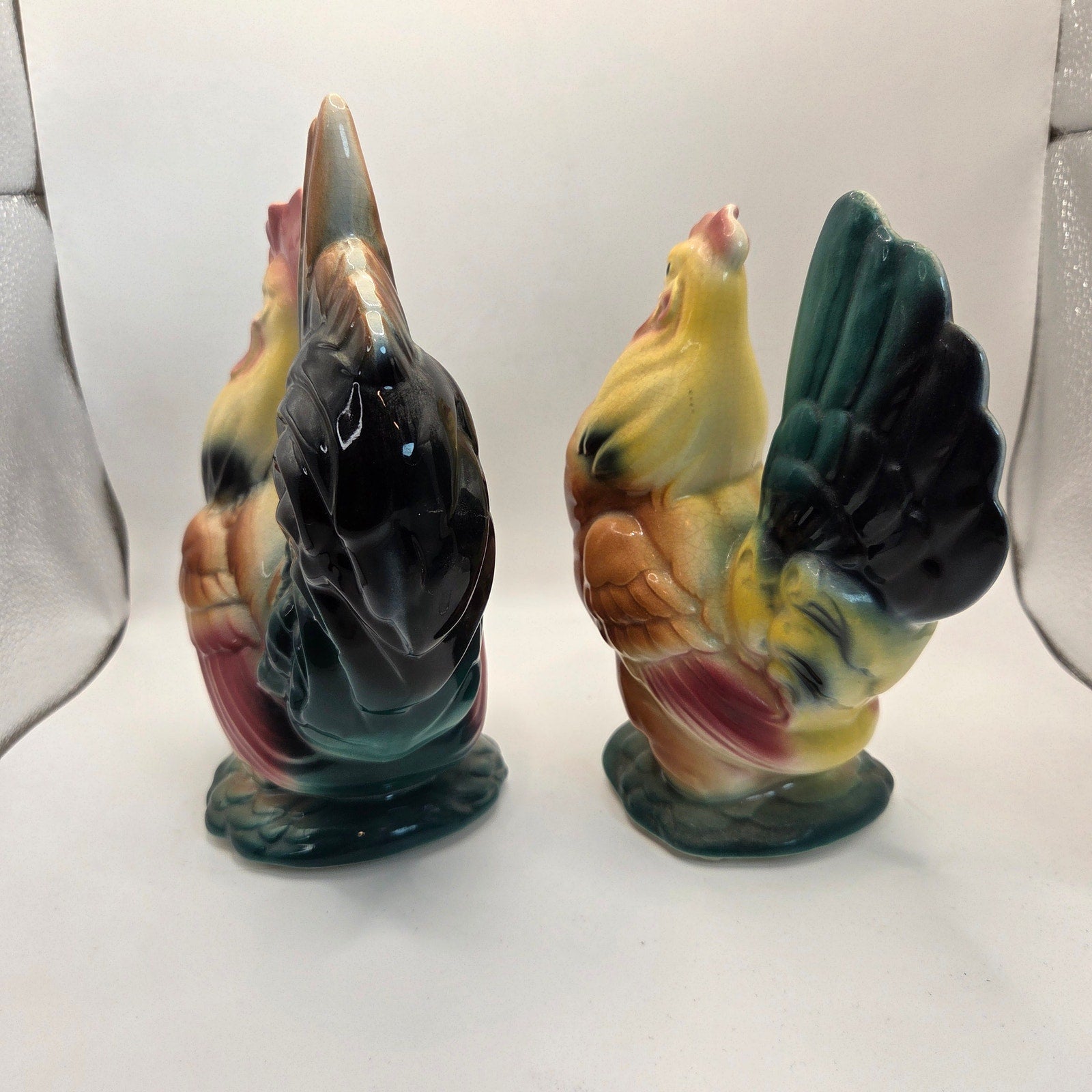 Vintage Royal Copley Rooster & Hen Figurine Pair 1950s Ceramic Statues