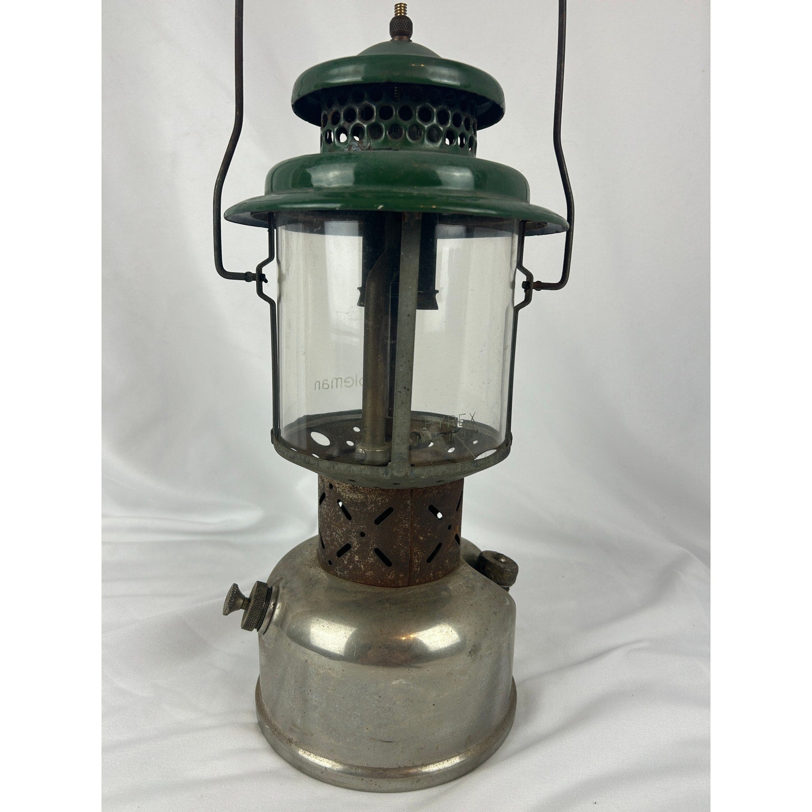 Coleman Double Mantle Lantern Green Top Pyrex Globe Made in USA Vintage