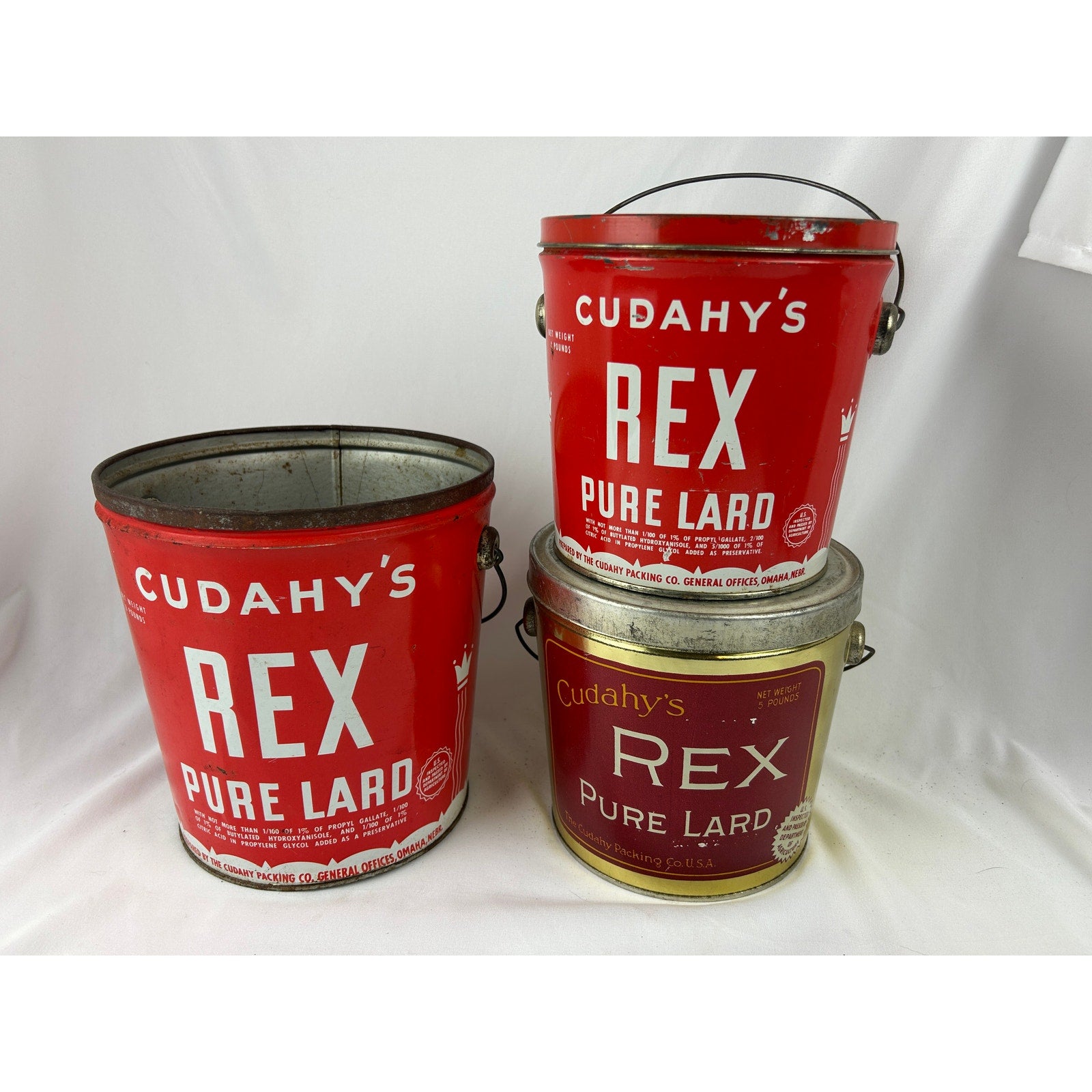 Cudahy’s Rex Pure Lard Vintage Metal Container Tin Bucket Lot of 3- 4, 5 & 8 lb.