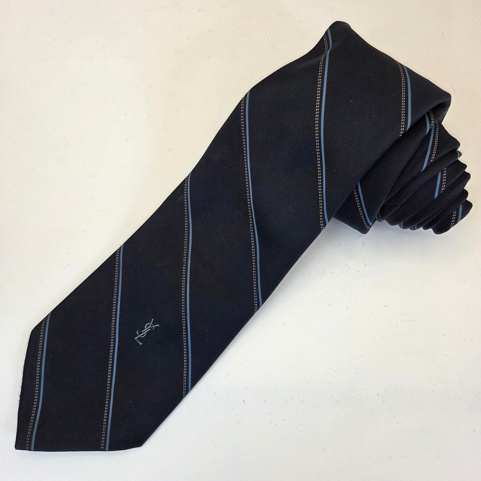 Vintage Yves Saint Laurent YSL Striped Necktie Embroidered Logo 56" x 3"