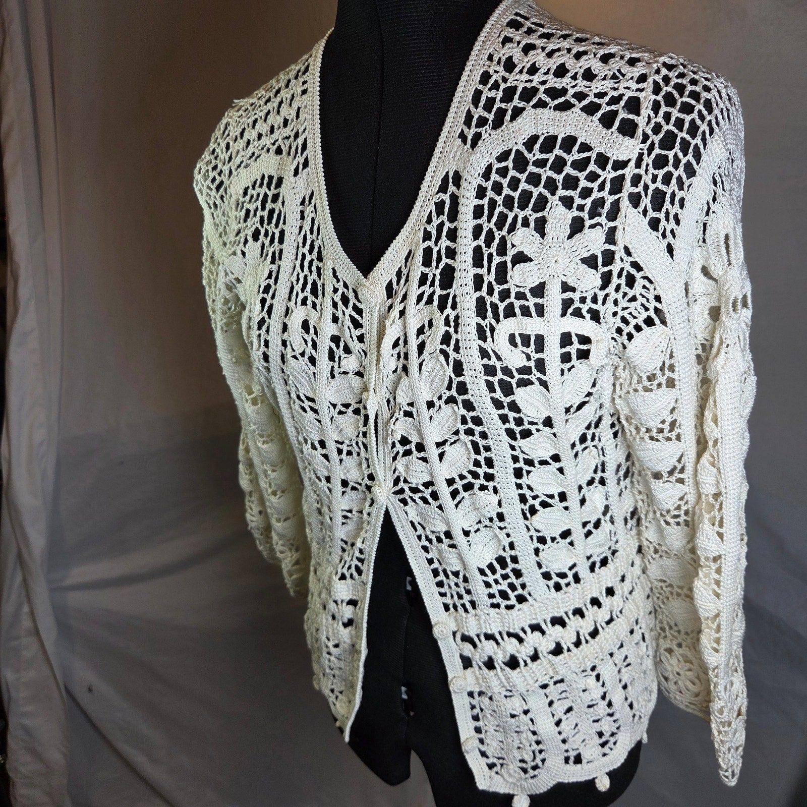 Unbranded Crochet Lace Cardigan Open Knit Floral Button Front Sweater