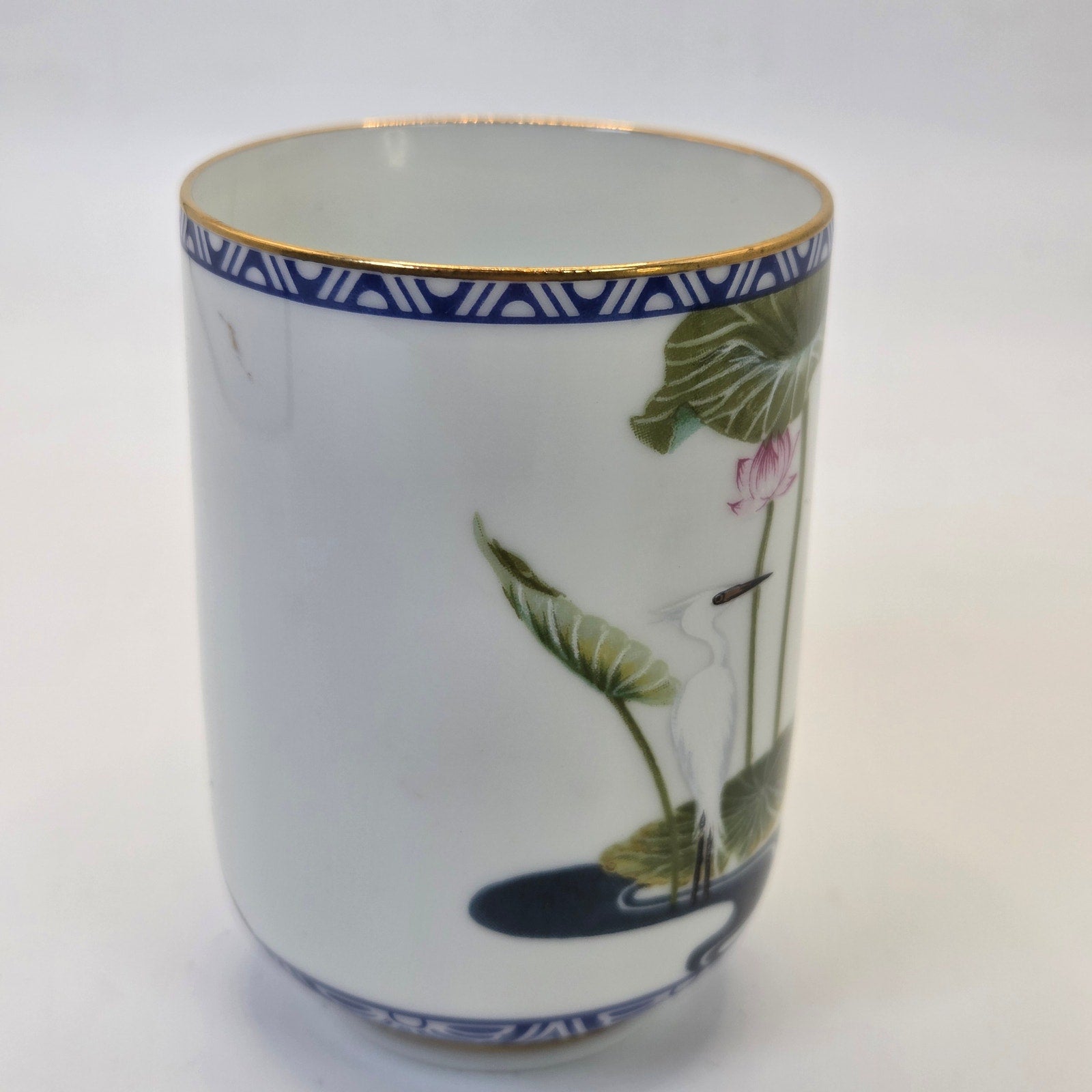 Franklin Mint 1985 Porcelain Tea Cup Egret Lotus Blue Gold Trim Japan