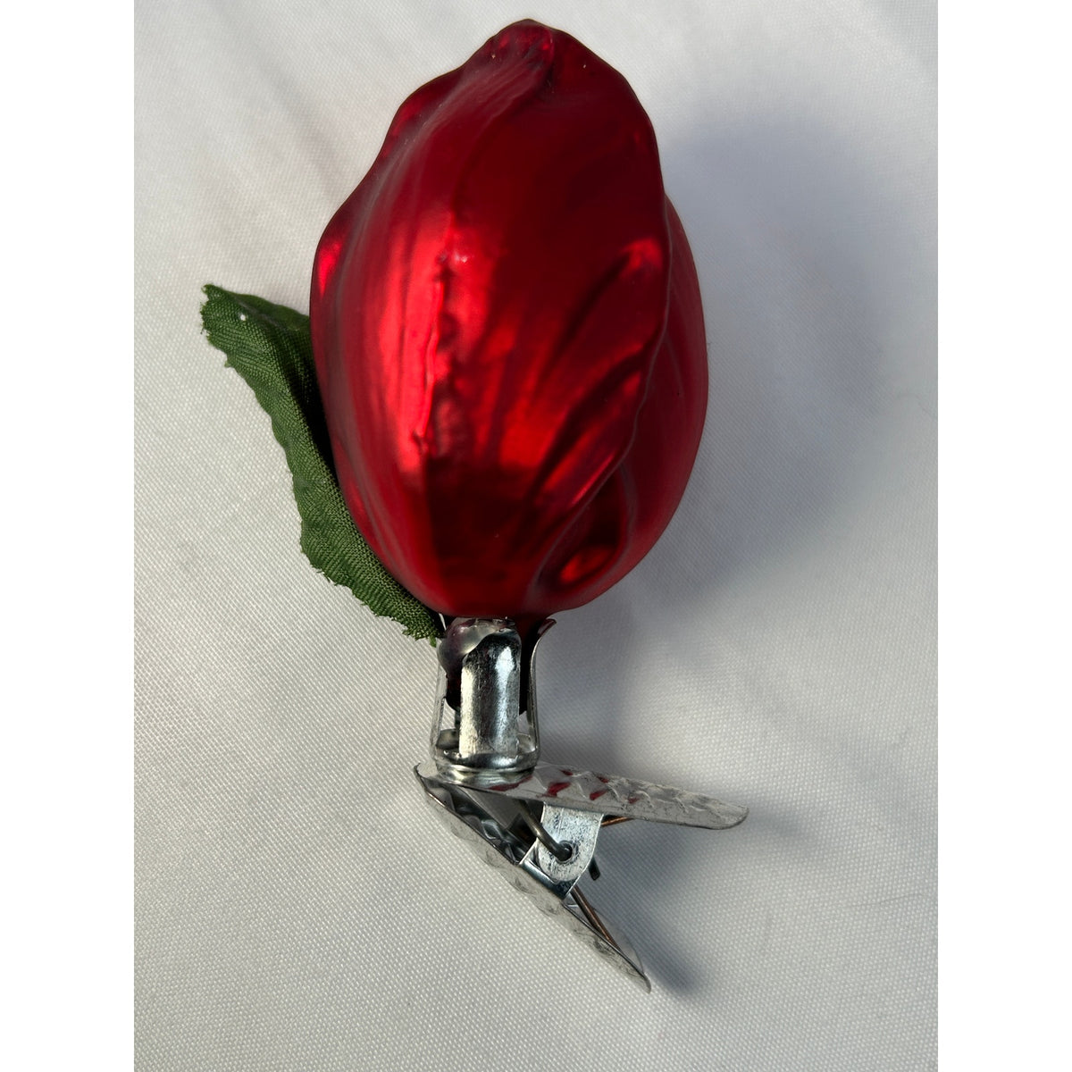 Vintage Inge-Glas Red Rose Clip-On Glass Christmas Ornament Germany 3"