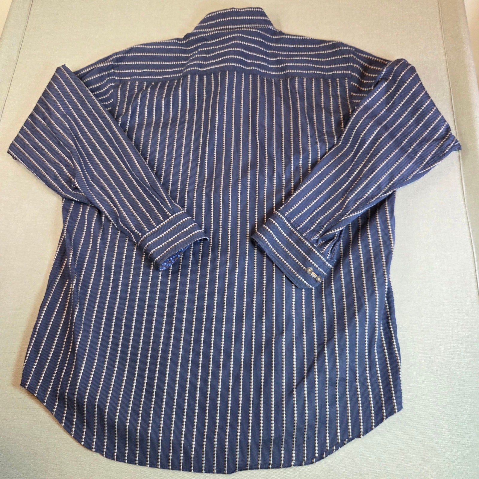 Bugatchi Uomo XL Stripe Button Down Shirt Blue Contrast Cuff Cotton Dress