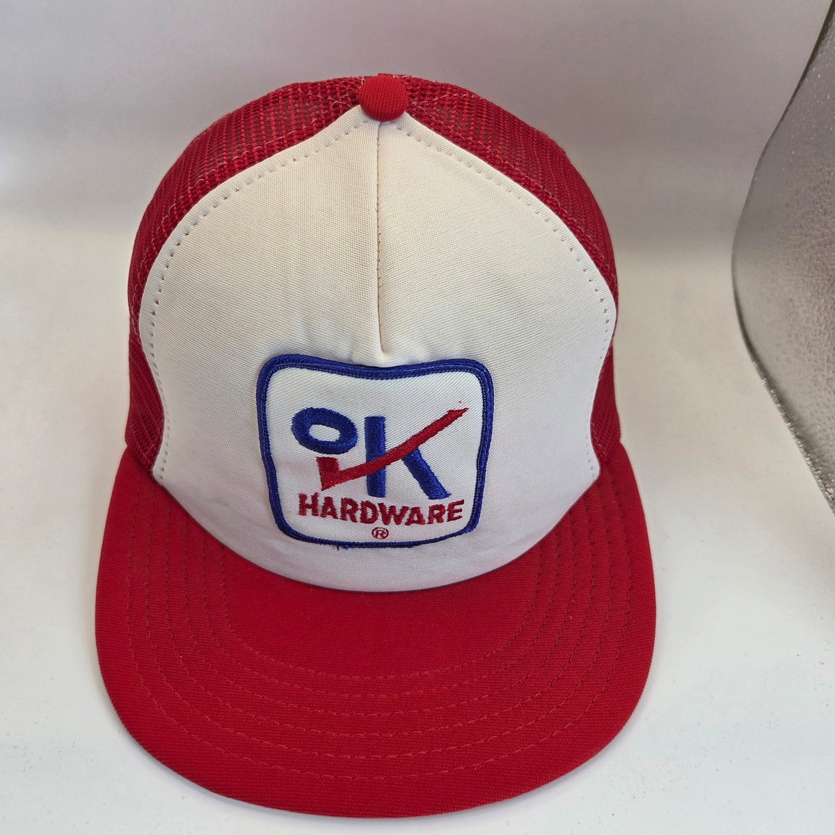 Vintage OK Hardware Trucker Snapback Hat USA Industrial Uniform Company Red