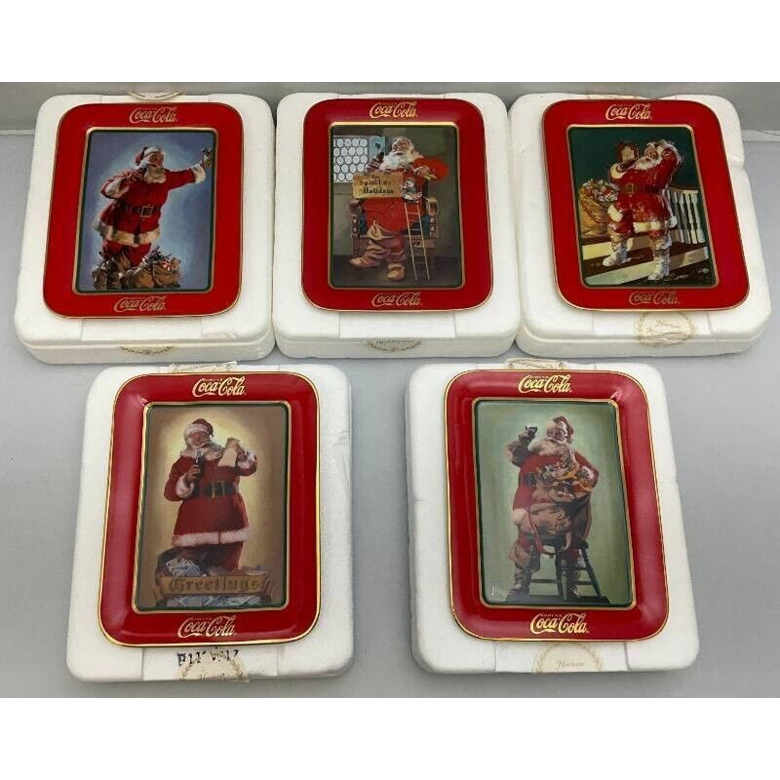 Franklin Mint Coca-Cola Santa Plates Lot 5 Vintage 1995-97 24K Trim w/ Cases
