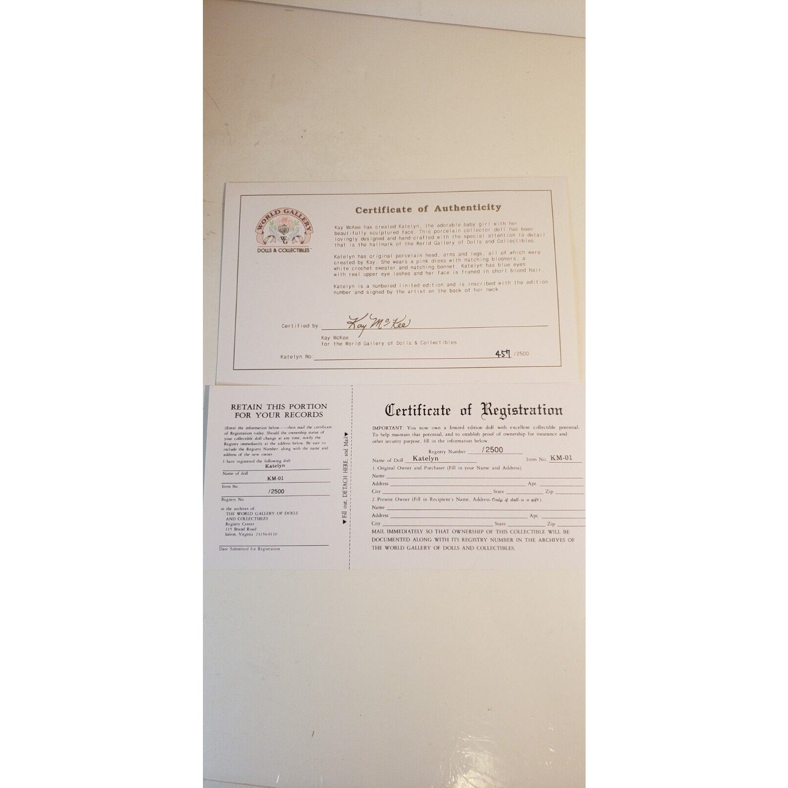 World Gallery Porcelain Doll "Katelyn" by Kay McKee 23" LE #457/2500 w/COA & Box