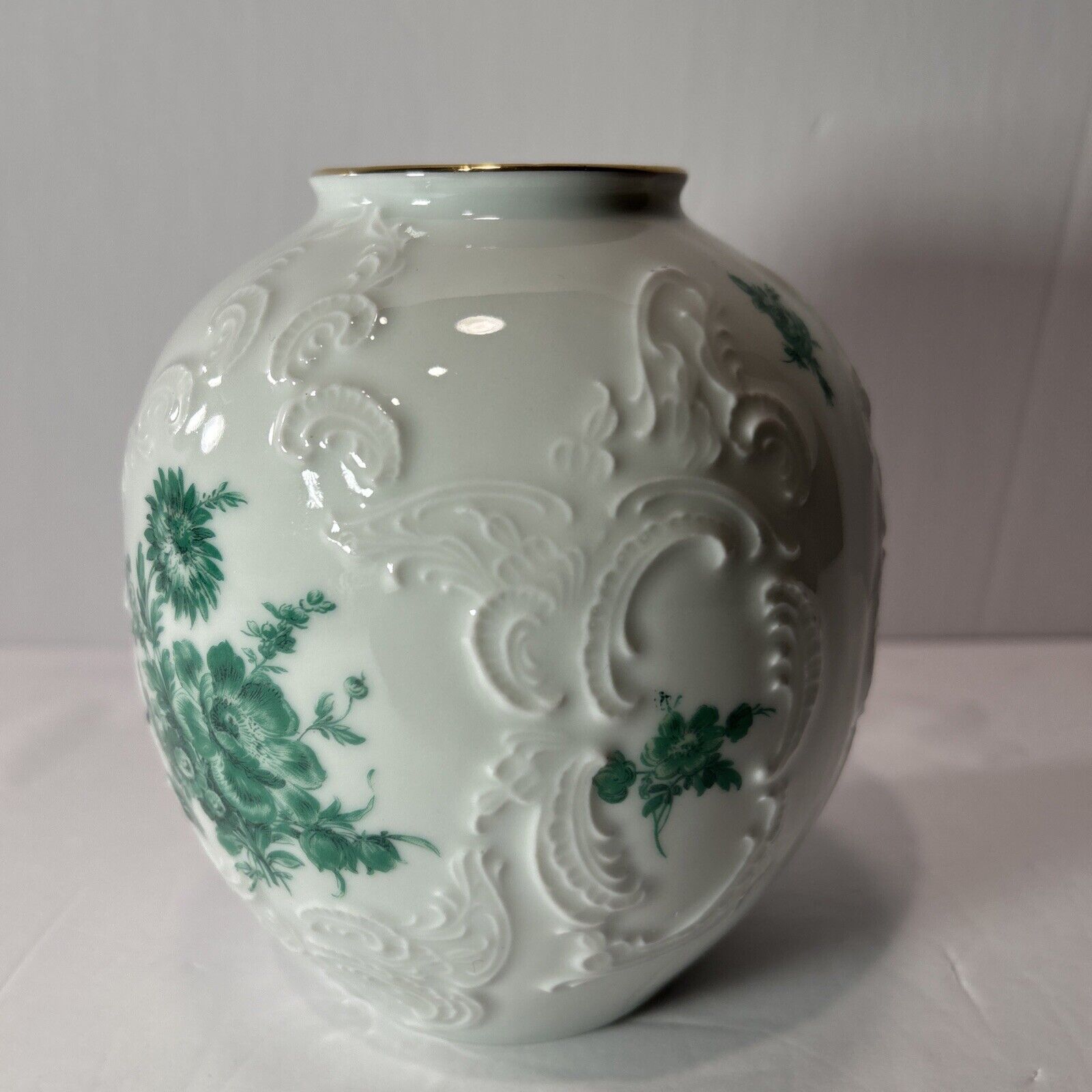 Vintage KPM Bavaria Royal Porcelain Vase Embossed Floral Green Gold Rim Germany