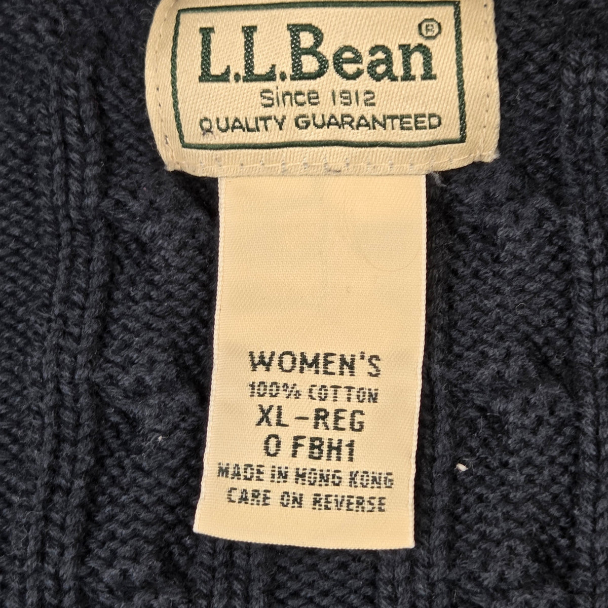 Vintage LL Bean Womens XL Cotton Cable Knit Full Zip Mock Neck Sweater Hong Kong