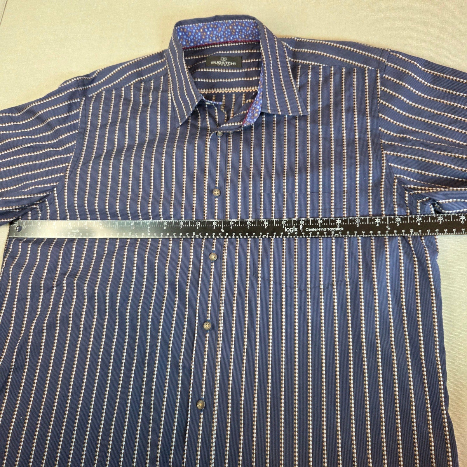 Bugatchi Uomo XL Stripe Button Down Shirt Blue Contrast Cuff Cotton Dress