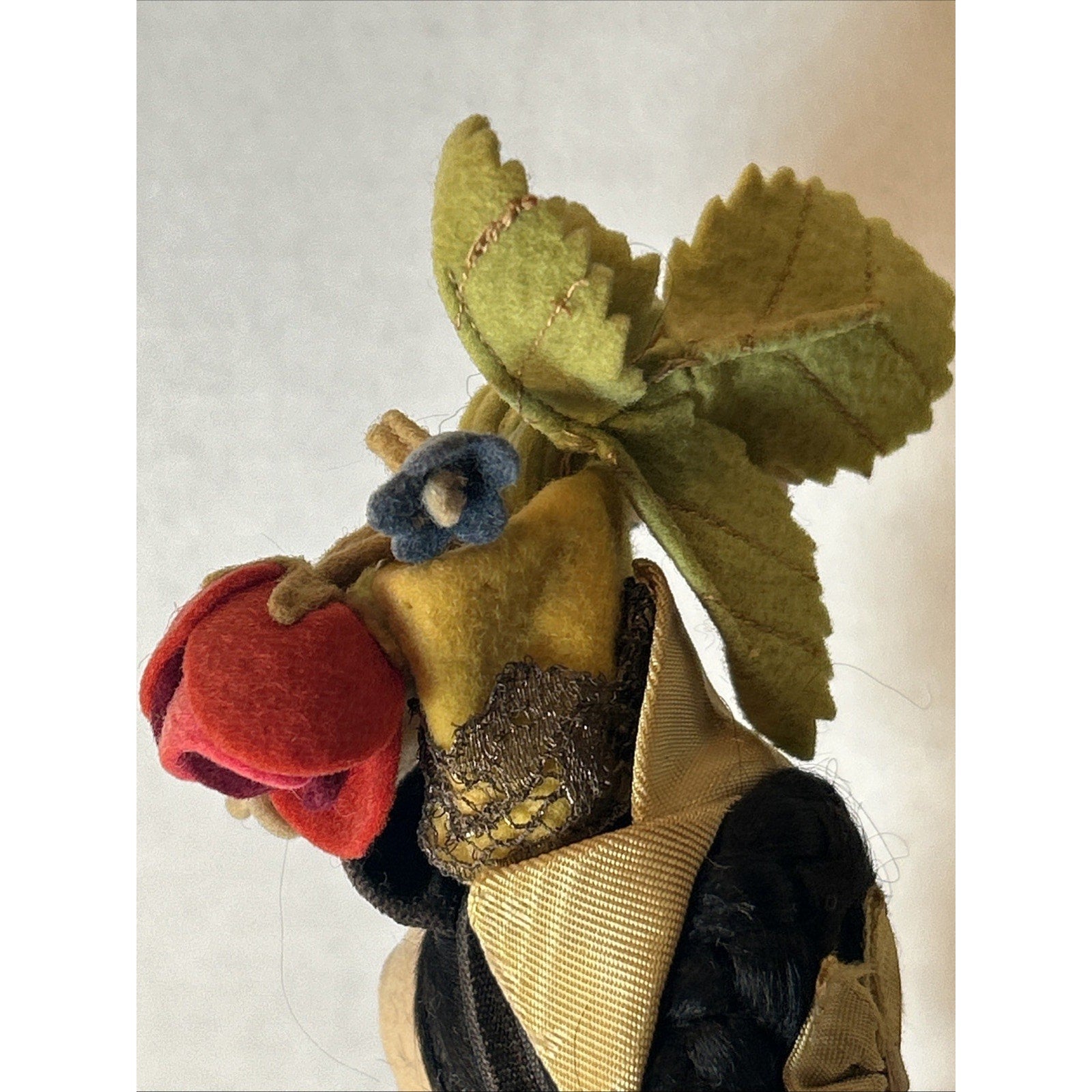 Antique Italian Lenci-Style Felt Doll w/ Flower Pot 11” Val Gardena c.1920s