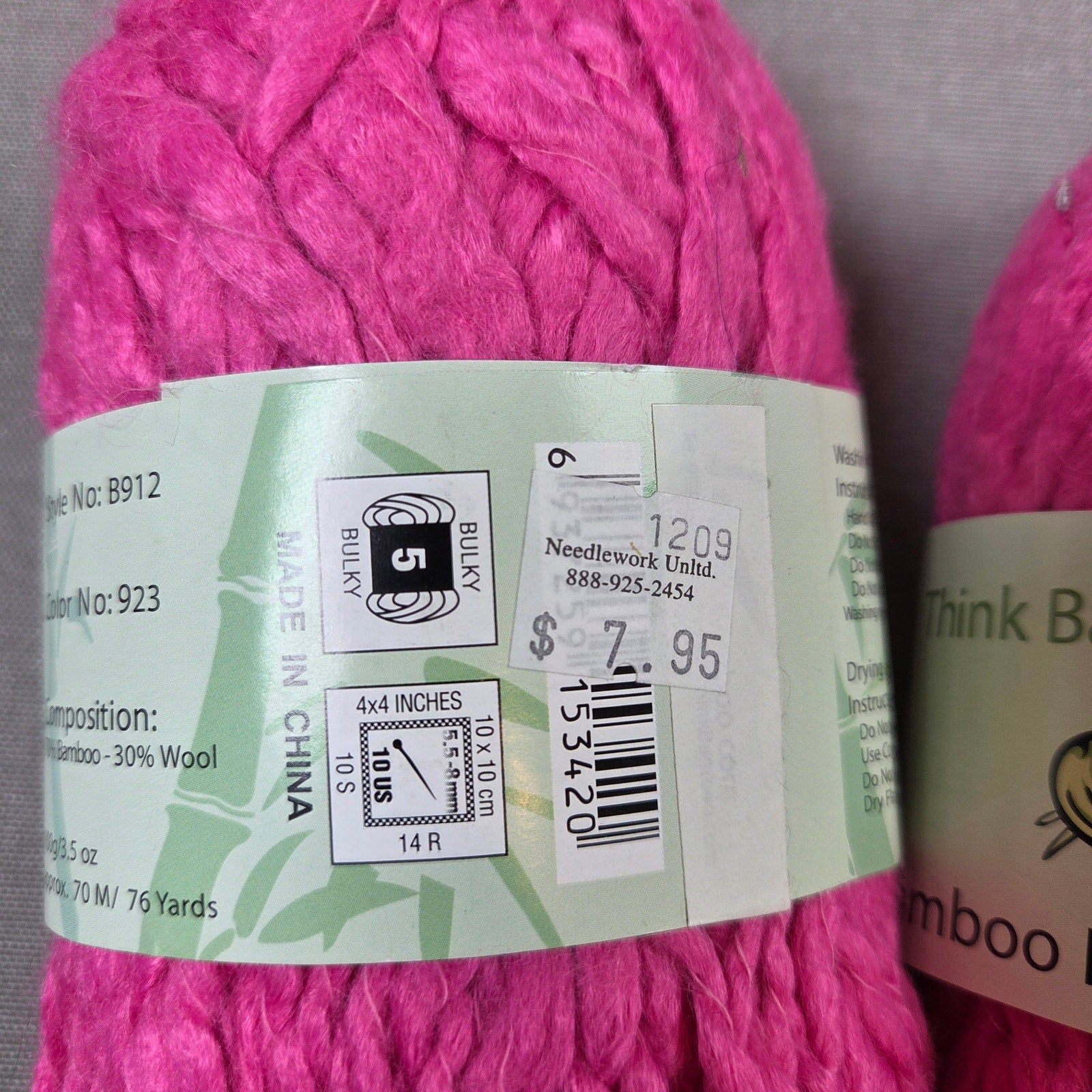 Think Bamboo Fiber Yarn Lot of 2 Style B912 Pink Color 923 Bulky Wool Blend
