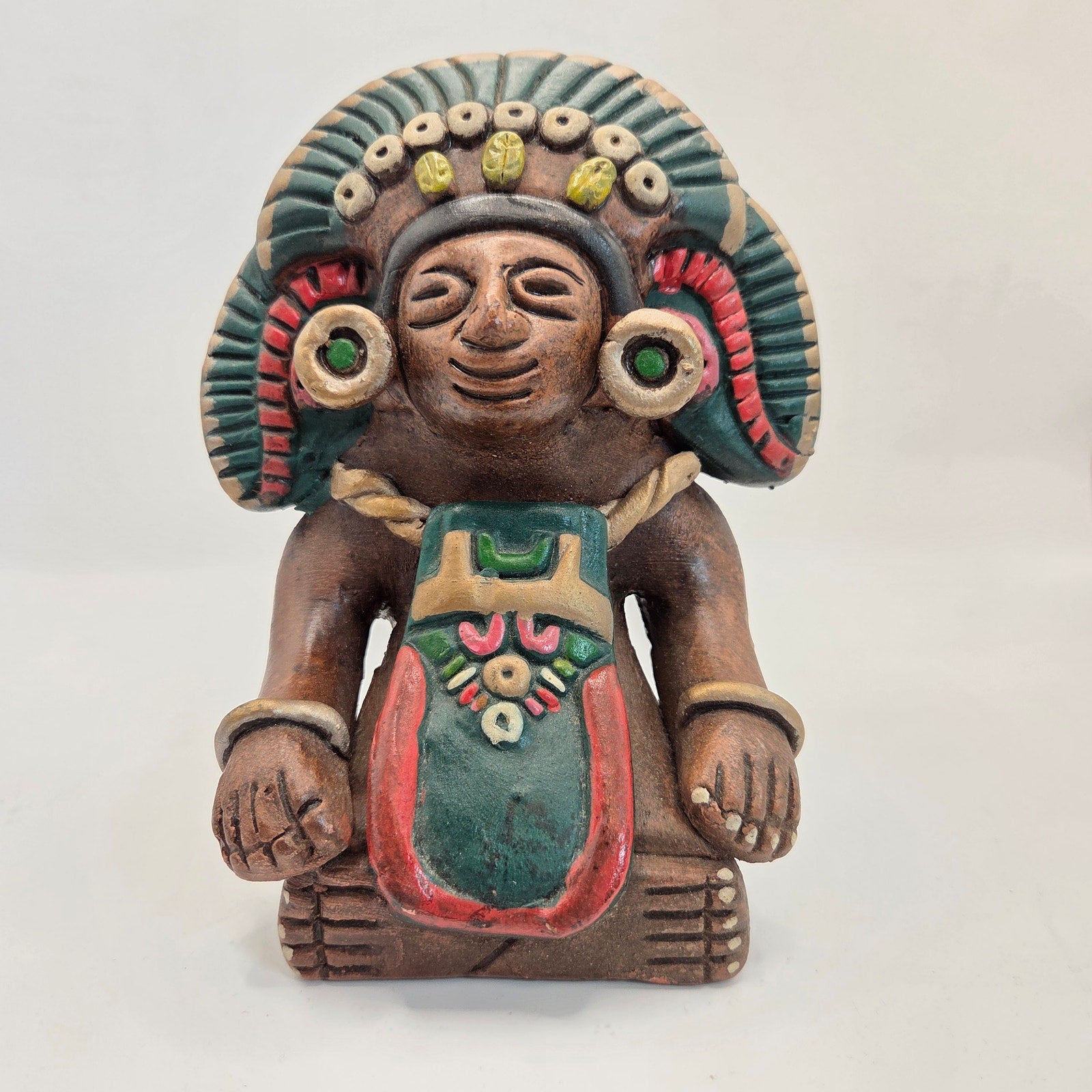 Vintage Mexican Hand Painted Clay Aztec Style Figure Statue 6.5" Folk Art