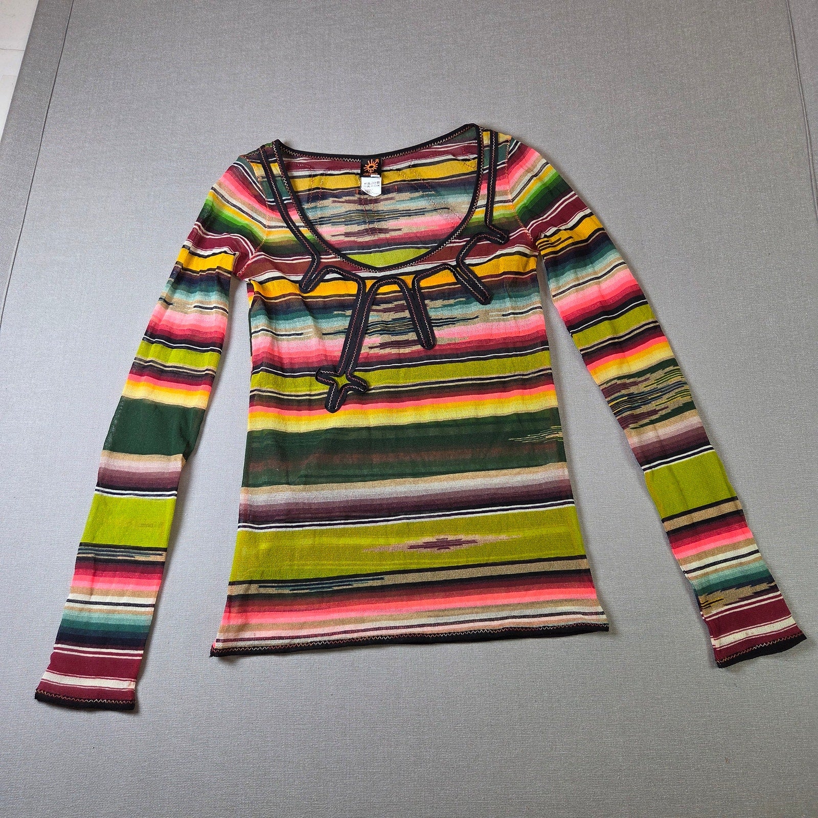Jean Paul Gaultier Soleil Fuzzi Mesh Top Vintage Y2K Stripe Italy M Long Sleeve