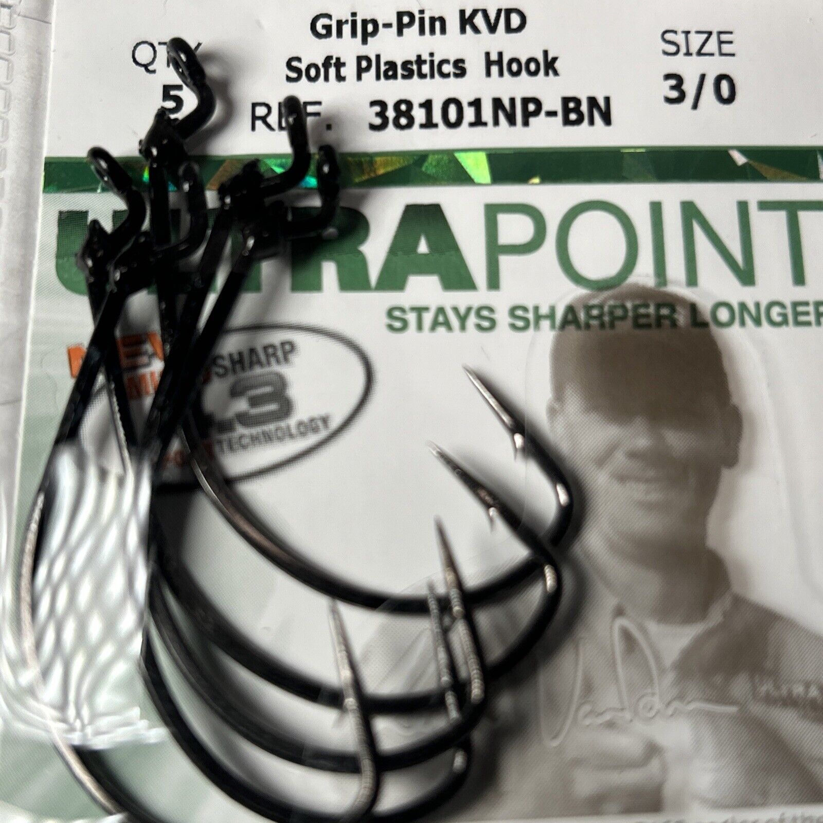 5 Mustad Grip-Pin KVD Soft Plastic Hooks 38101NP-BN Size 3/0