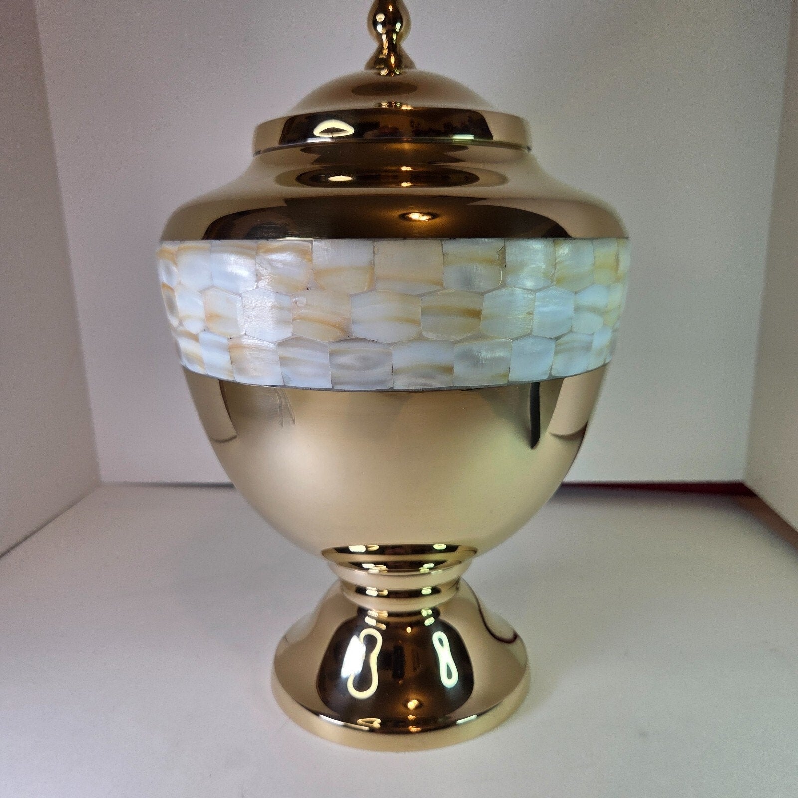 Large 12" Metal Brass Mother of Pearl Chalice Urn for Human Ashes