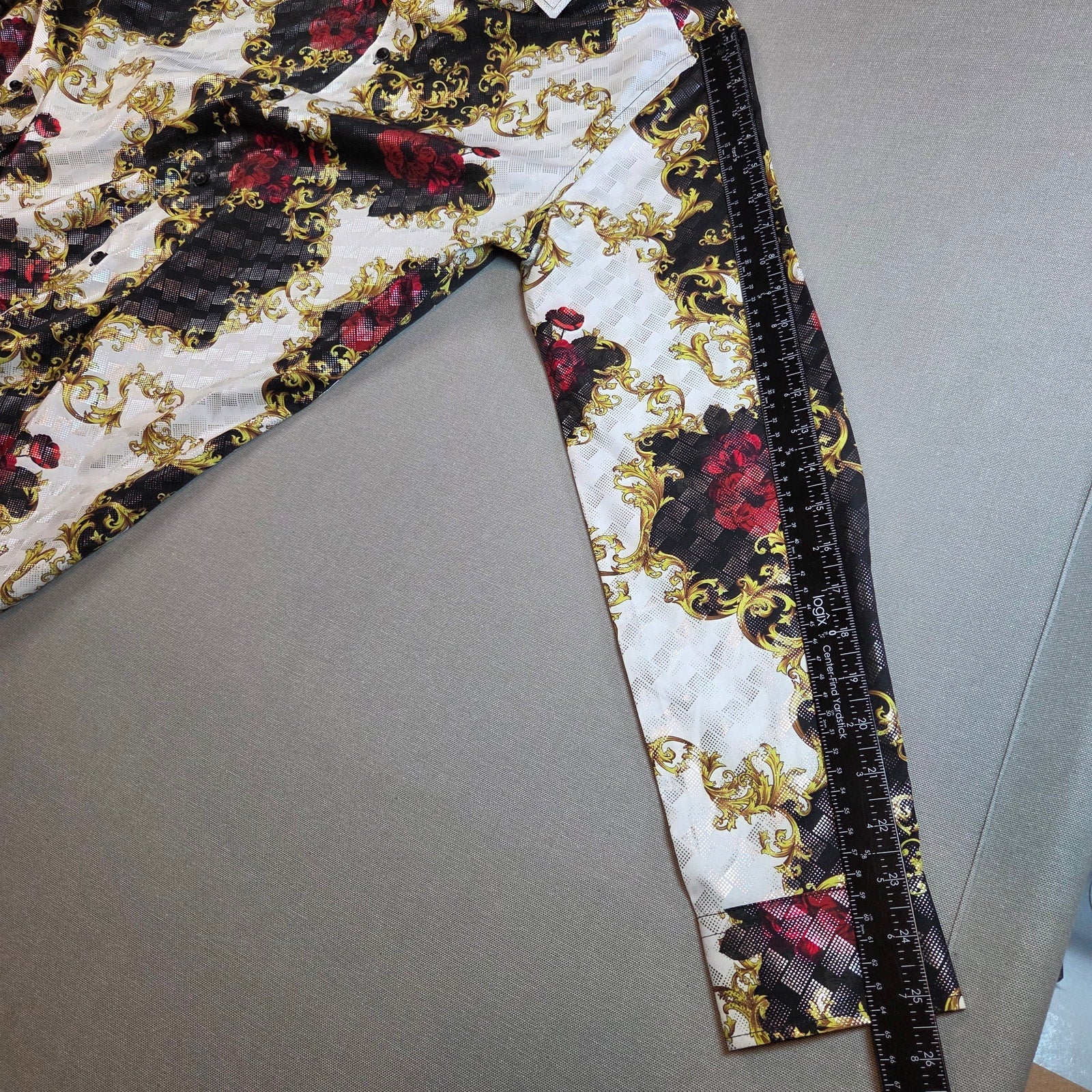 Suslo Couture Slim Fit Button Up Shirt Medium Red Floral Gold Black Print