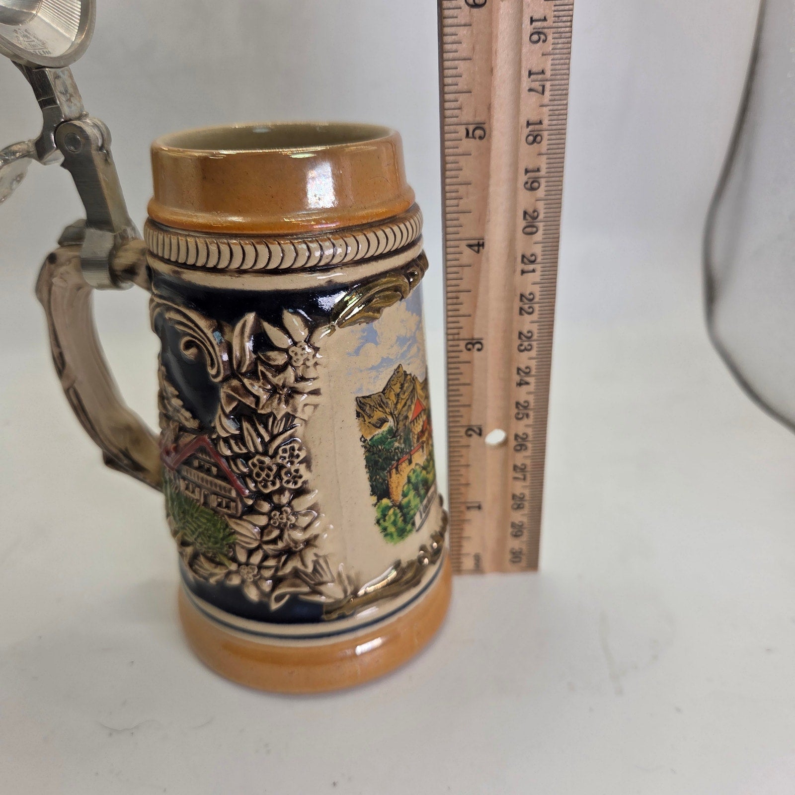 Vintage German Beer Stein Vaduz Liechtenstein Handarbeit Pewter Lid 7”