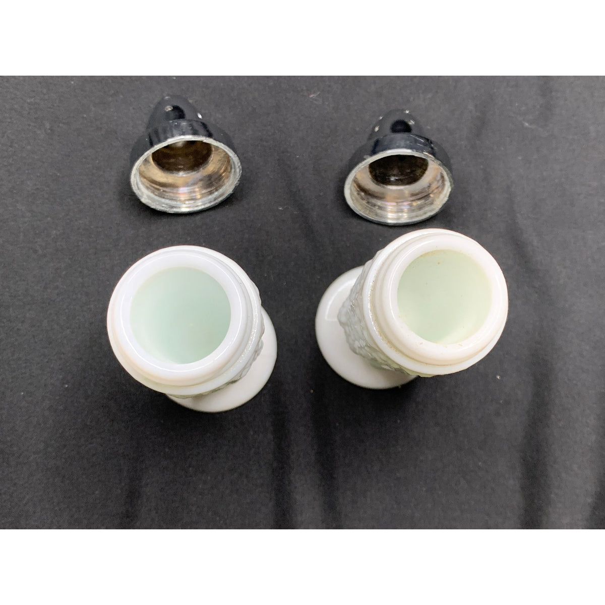Vintage Westmoreland Paneled Grape Milk Glass Salt Pepper Shakers Chrome