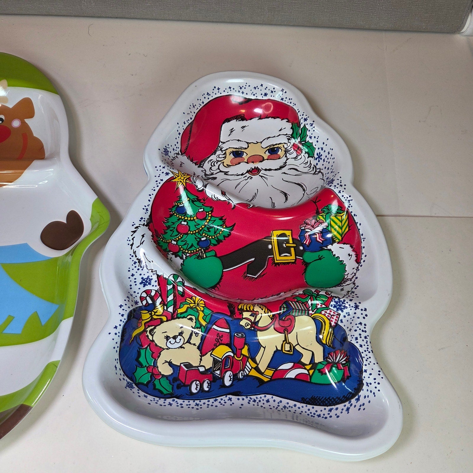 Lot of 2 Christmas Cookie Trays – Santa & Reindeer Shaped Plastic Serving Plates