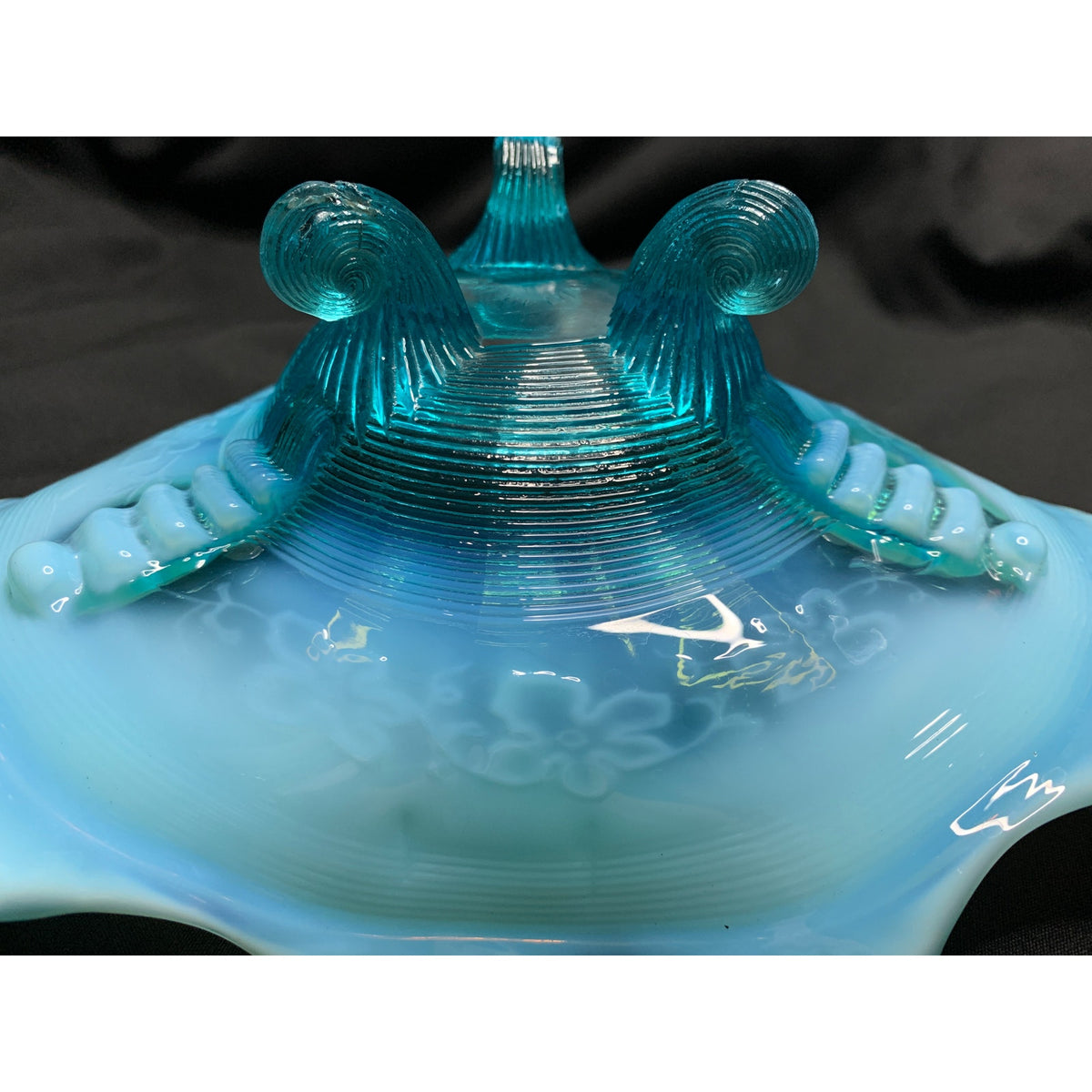 Antique Northwood Klondyke Blue Opalescent Fluted Scroll Footed Bowl