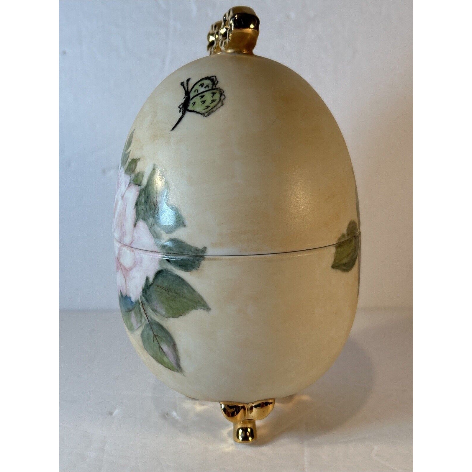 Vintage Porcelain Hand Painted Footed Egg Trinket Box Hinged Floral