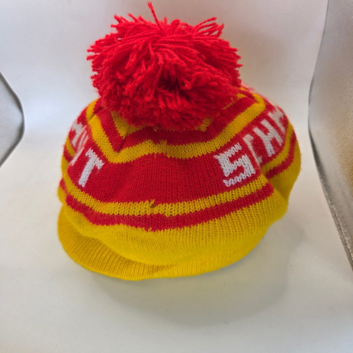 Vintage Schmidt Beer Knit Visor Stocking Cap Pom Pom Winter Breweriana
