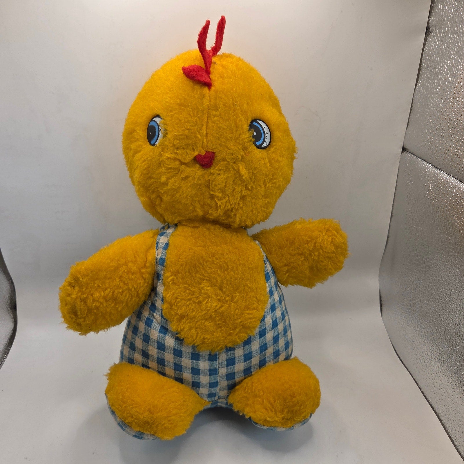 Vintage 1980s Plush Chick Yellow Stuffed Animal in Blue Gingham Romper Haiti