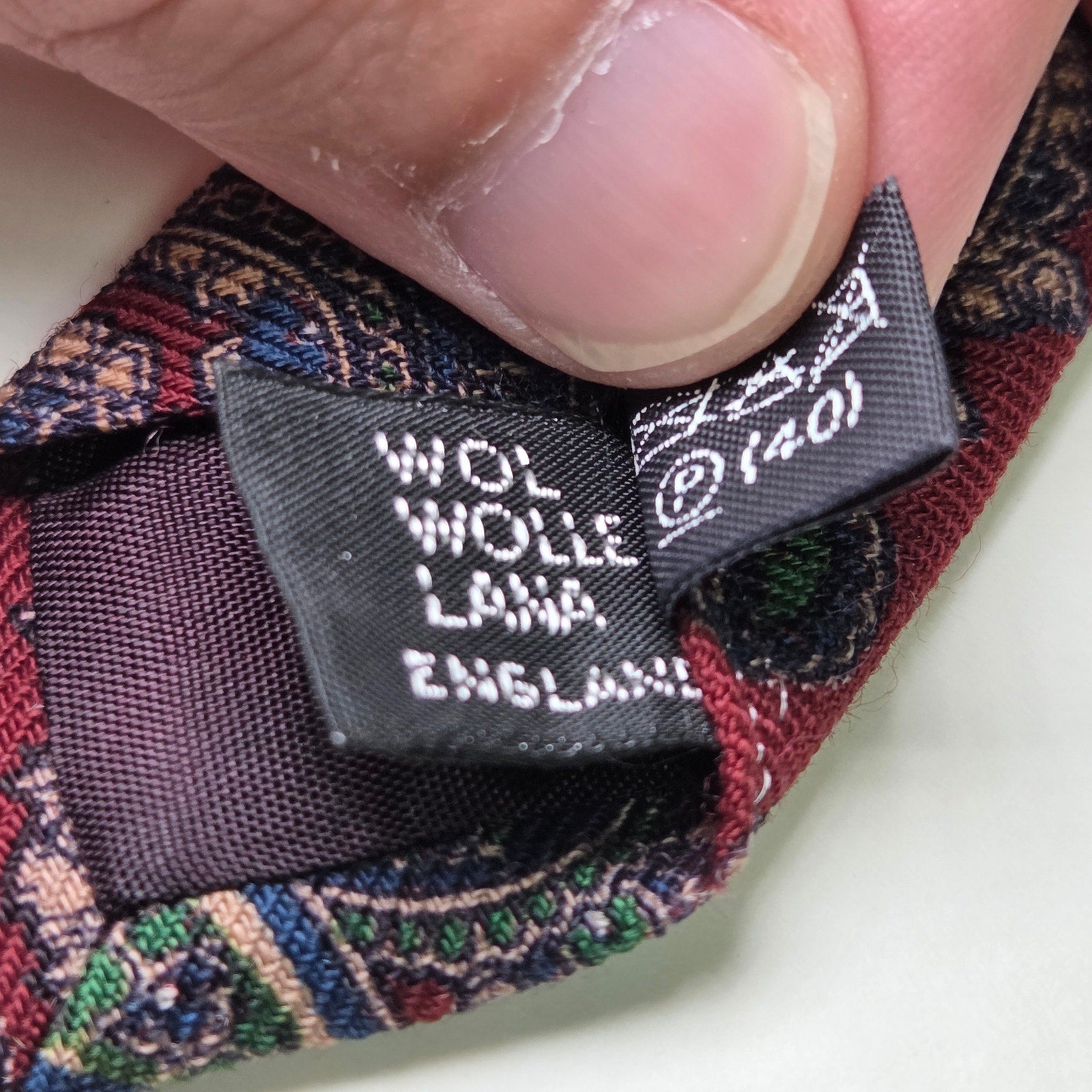 Marshall Field’s Made in England Wool Paisley Tie Burgundy Green Blue 3.25” Wide