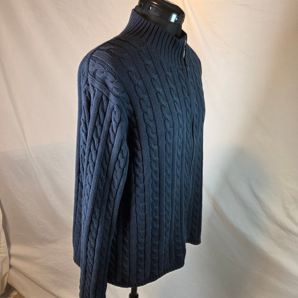 Vintage LL Bean Womens XL Cotton Cable Knit Full Zip Mock Neck Sweater Hong Kong