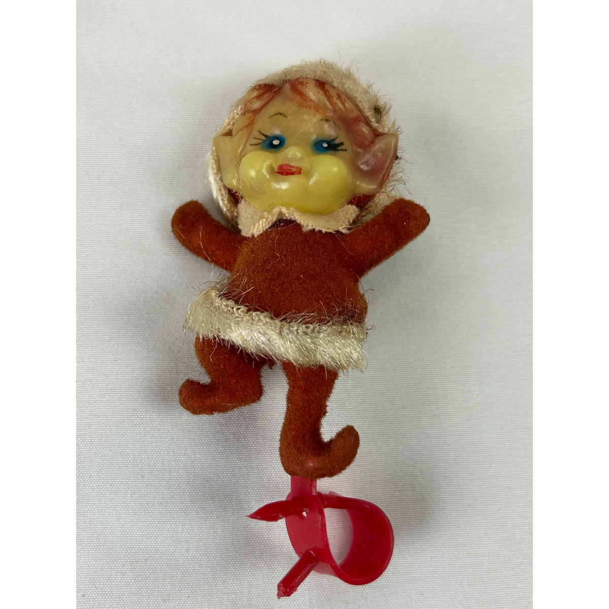 Vintage 1940s 1950s Flocked Pixie Elf Christmas Ornament Clips Lot of 4