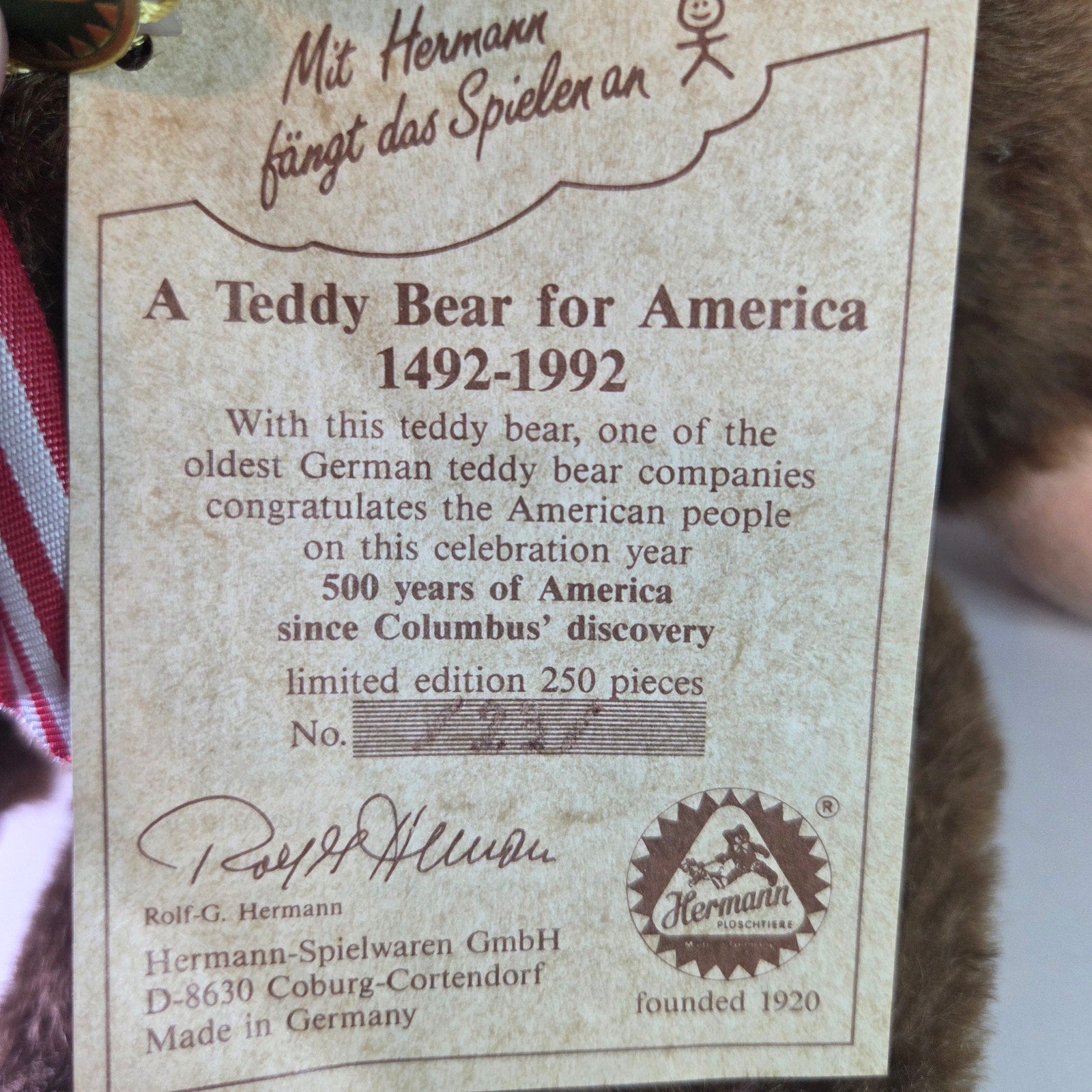 Hermann Mohair Teddy Bear for America 1492-1992 LE 23/250 w/COA & Drum