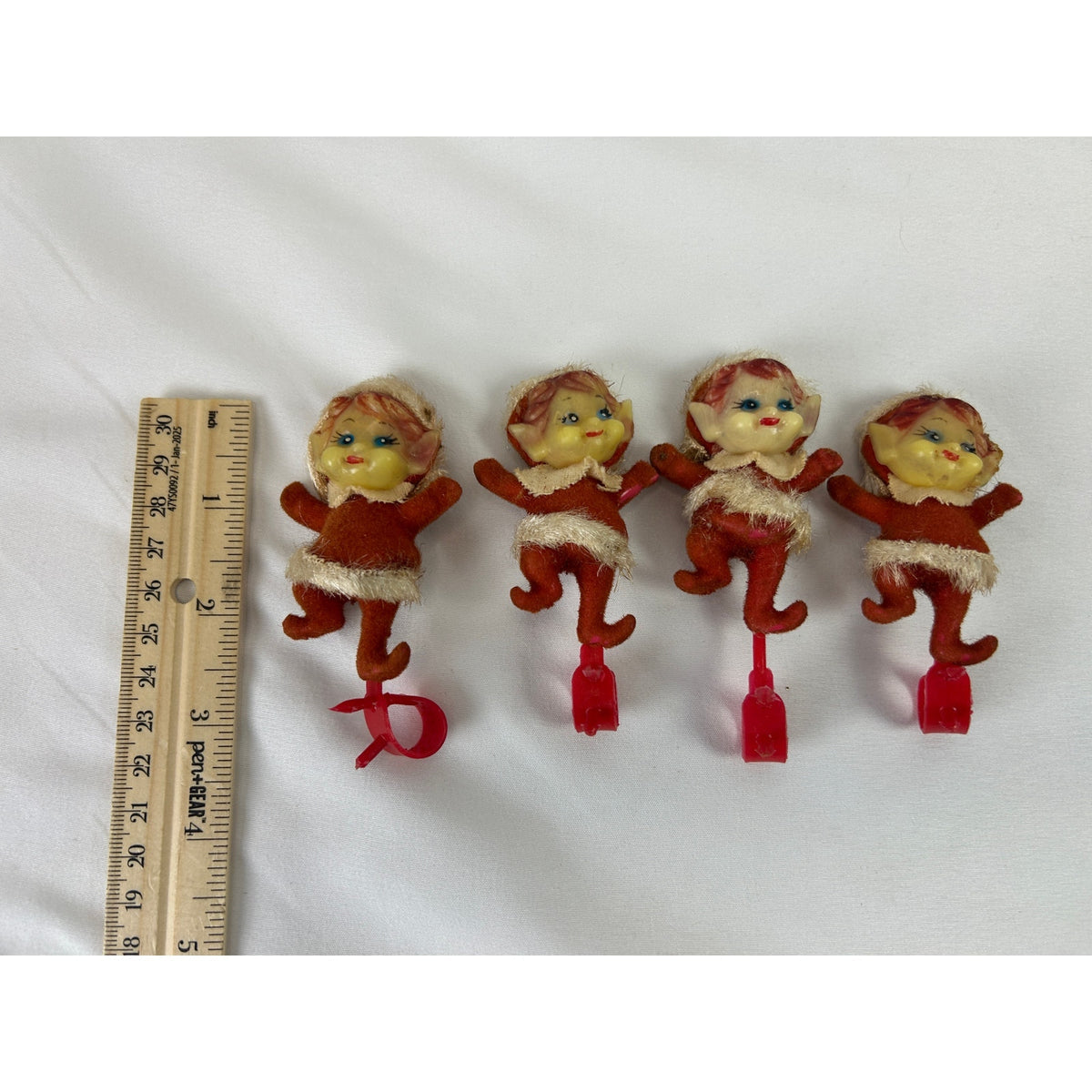 Vintage 1940s 1950s Flocked Pixie Elf Christmas Ornament Clips Lot of 4