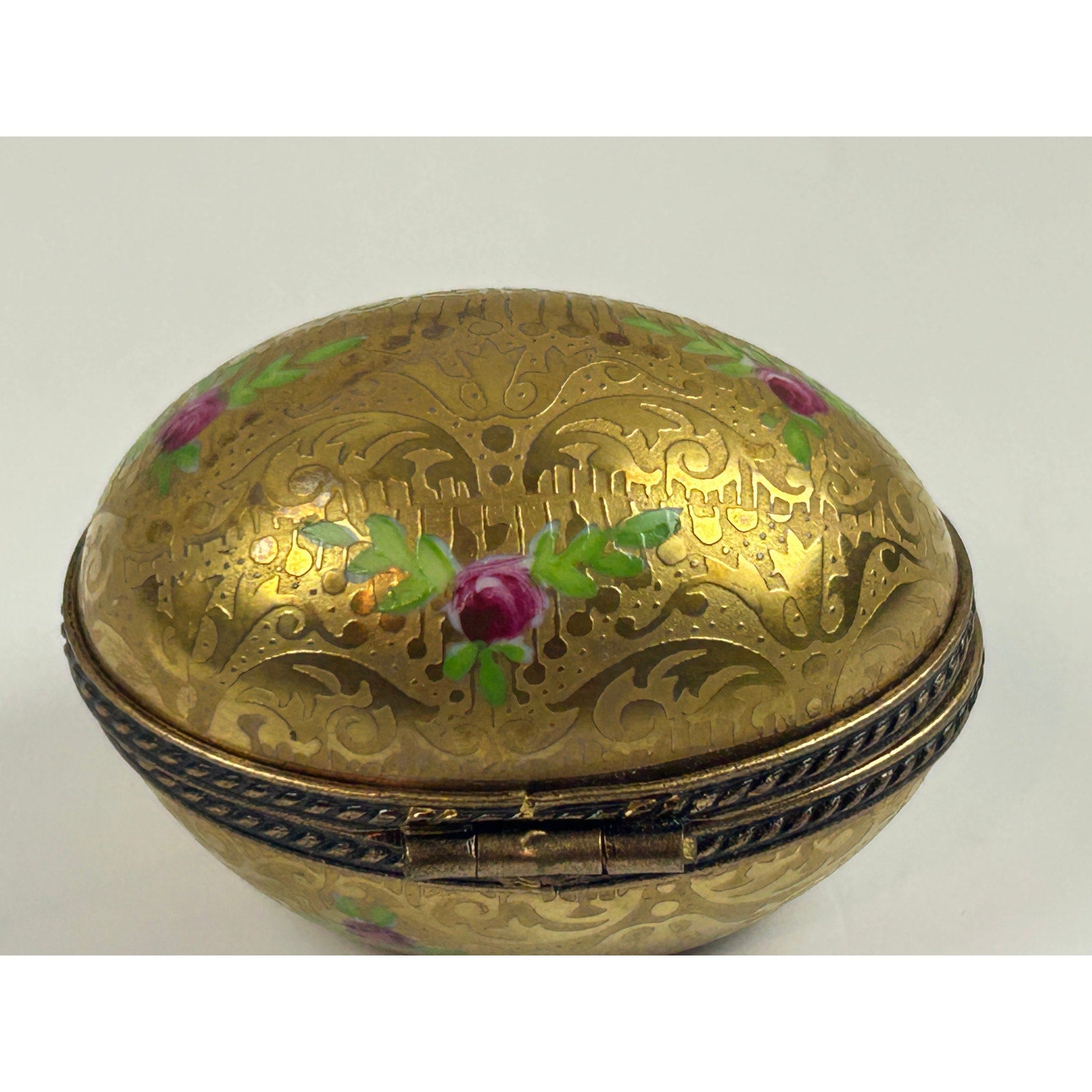 Limoges France Incrustation Trinket Box Hand Painted Roses Raised Gold Oval