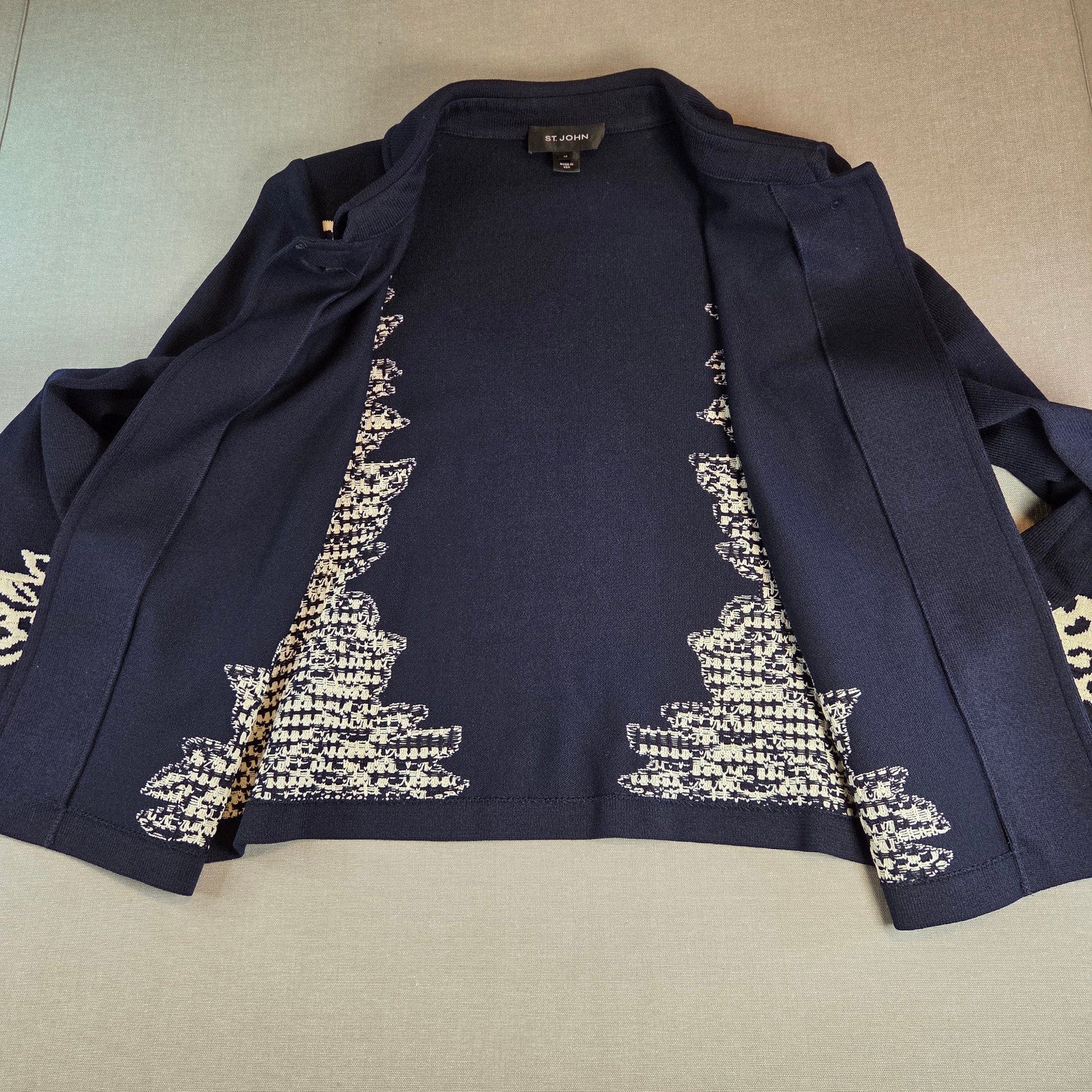 St. John Collection Sweater Blazer Women’s 10 Navy White Knit Jacket USA Made