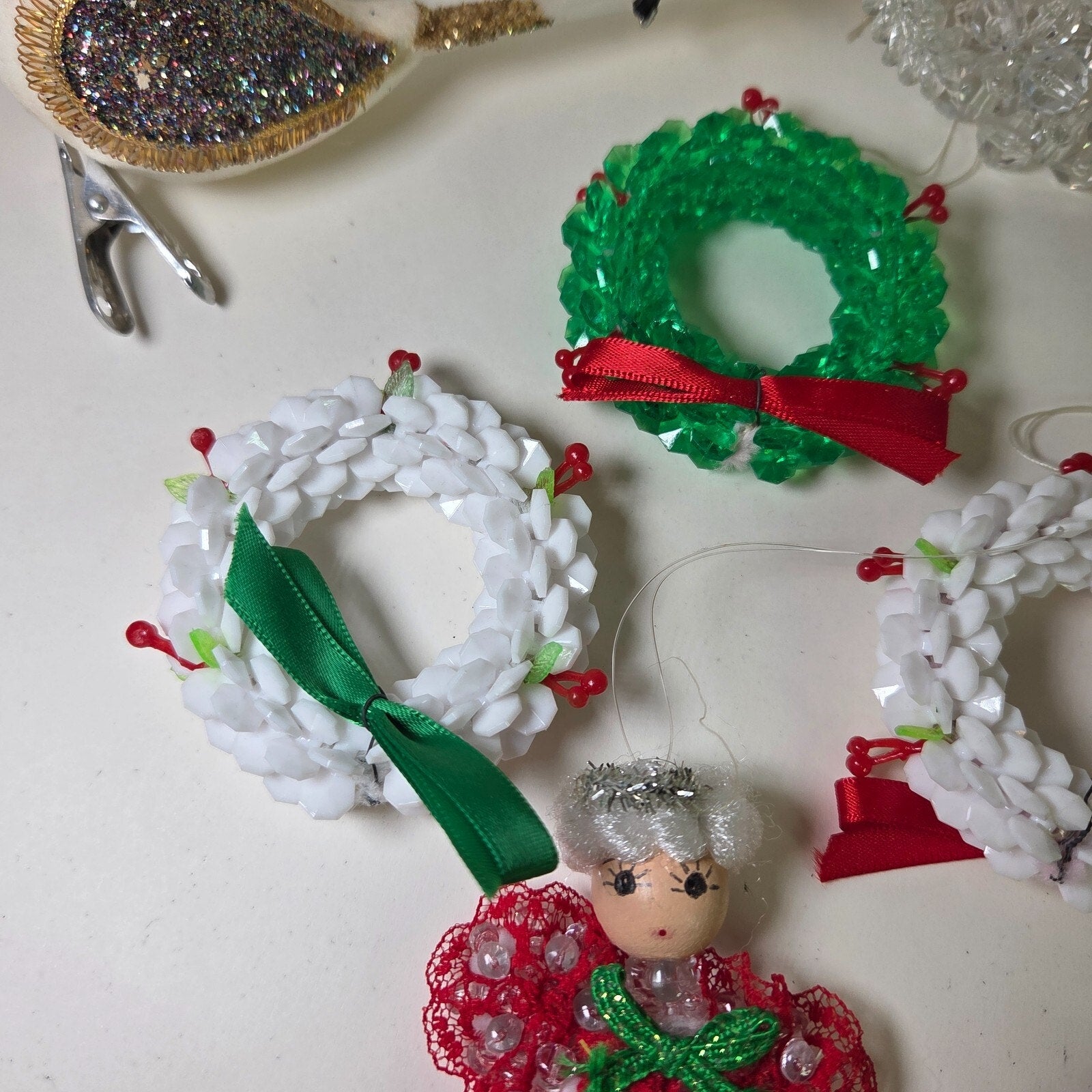 Vintage Handmade Beaded Christmas Ornaments Lot – Wreaths, Birds, More