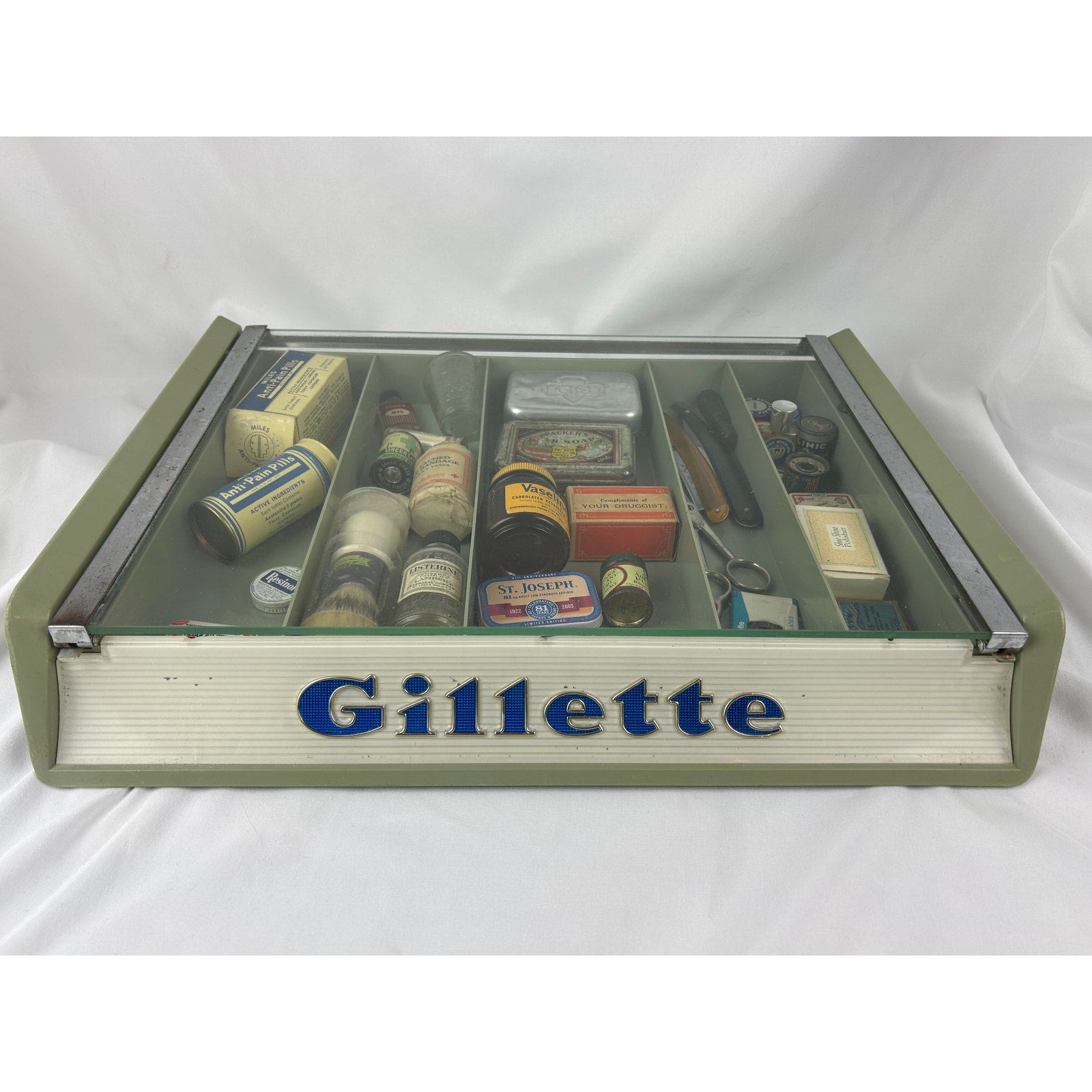 Vintage Gillette Safety Razor Countertop Store Display Case 1956 Glass Lid