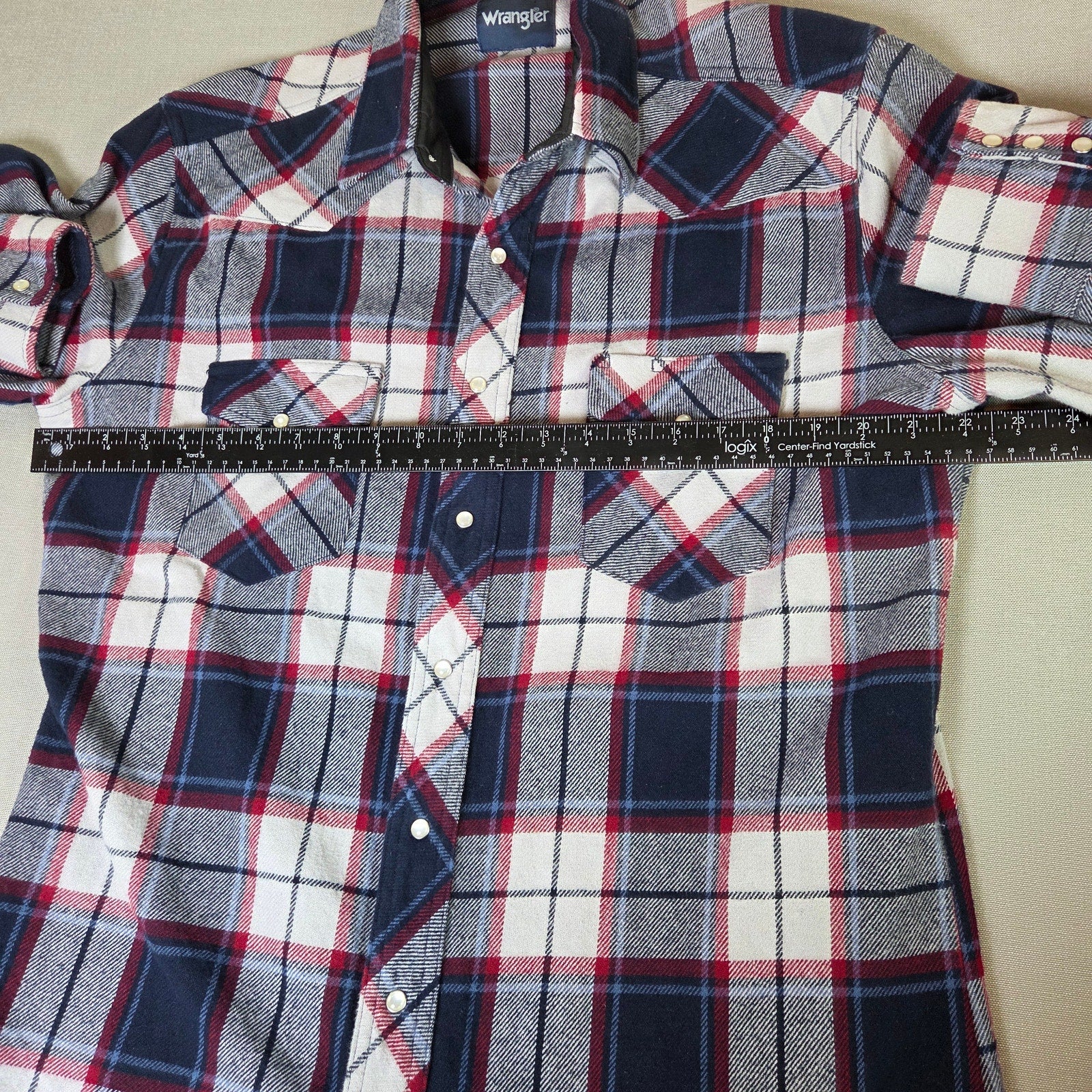 Wrangler Pearl Snap Western Plaid Long Sleeve Shirt Red Blue 22x32