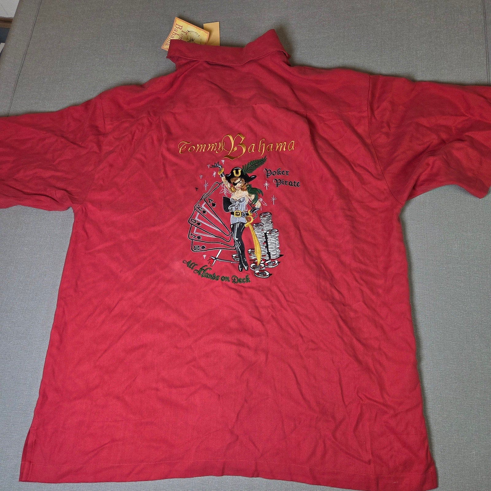 Tommy Bahama Poker Pirate Silk Shirt Red Short Sleeve Button Up Size L