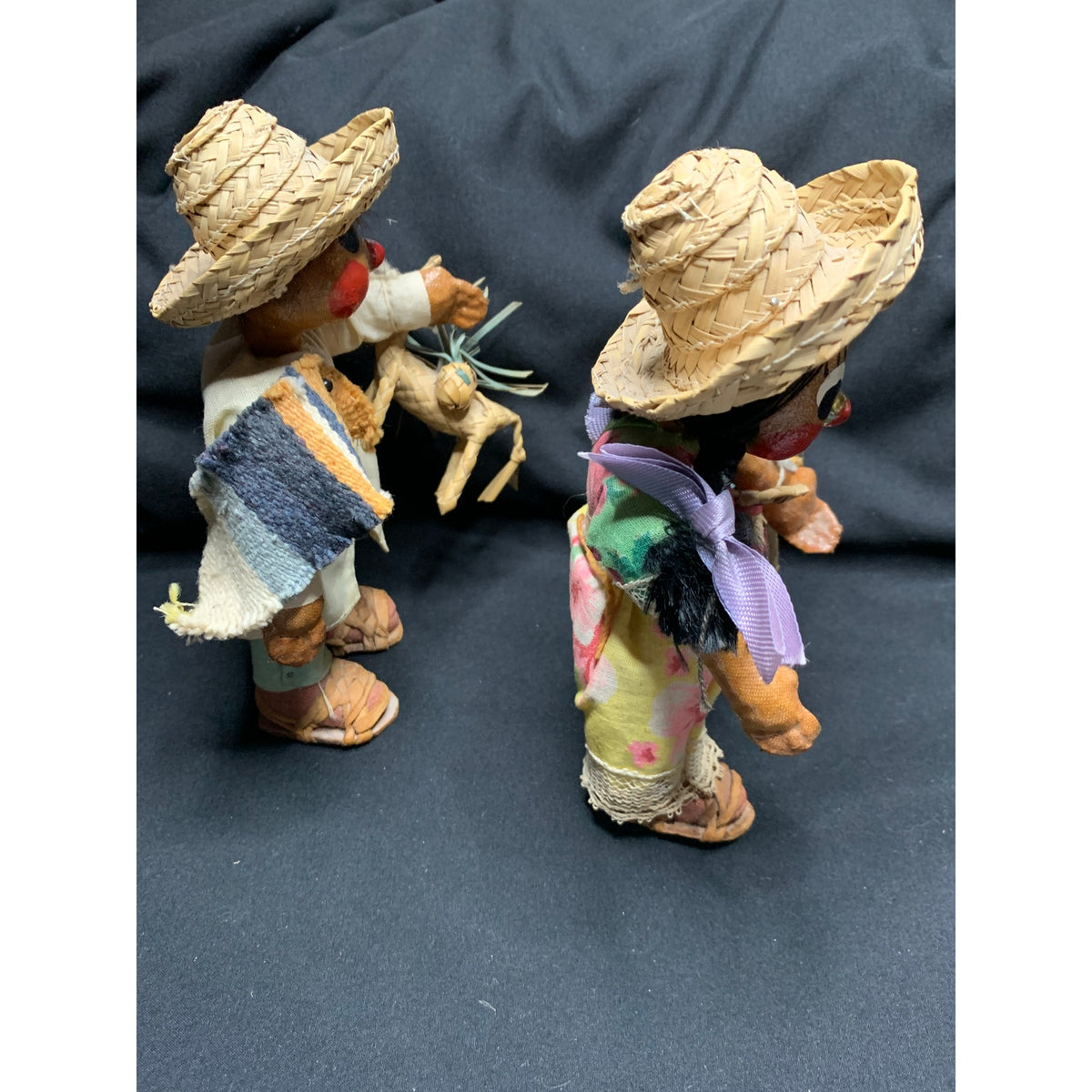 Vintage Mexican Folk Art Oilcloth Dolls Pair Straw Hats Animals 1960s 1970s