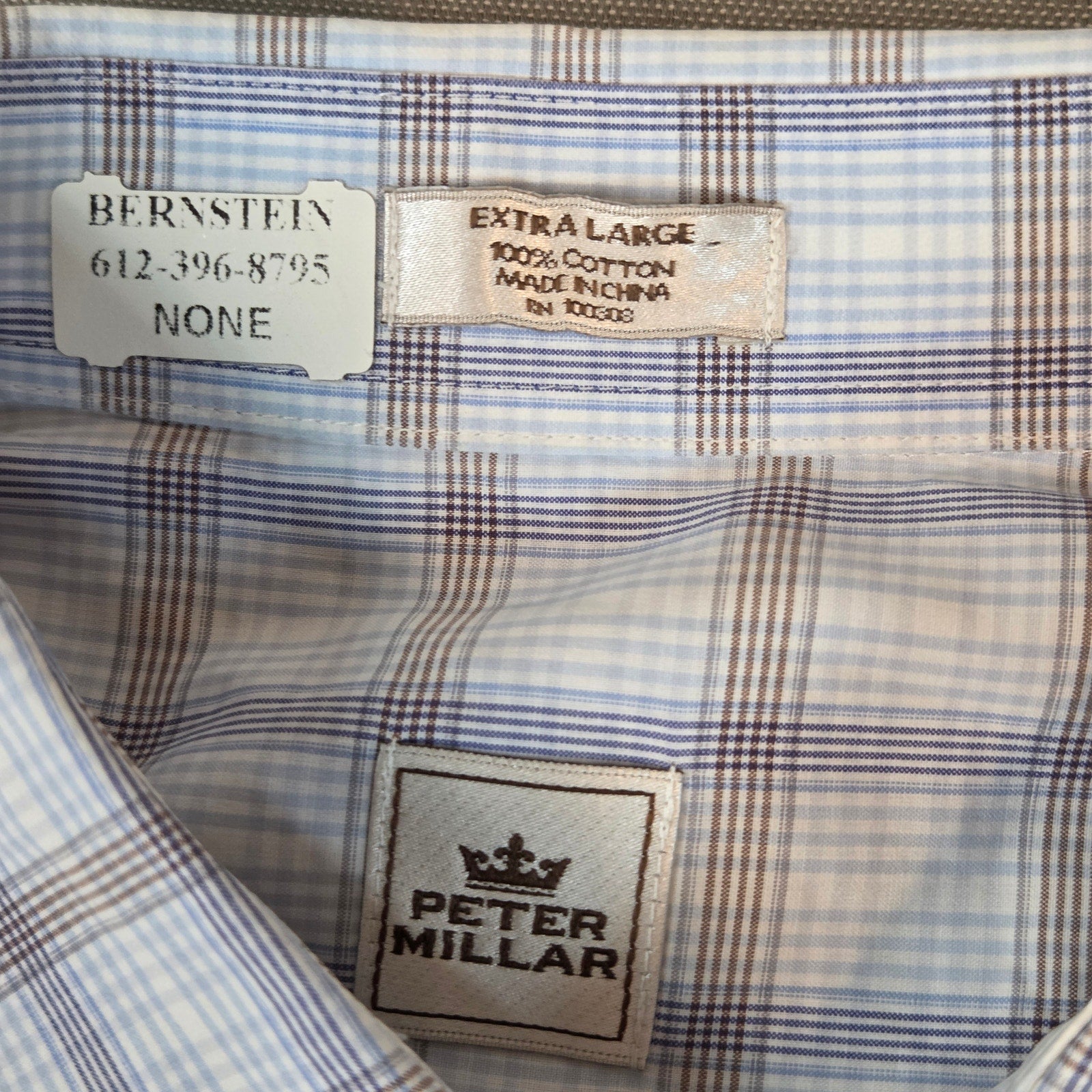 Peter Millar XL Cotton Plaid Button Down Shirt Blue Tan Long Sleeve Casual
