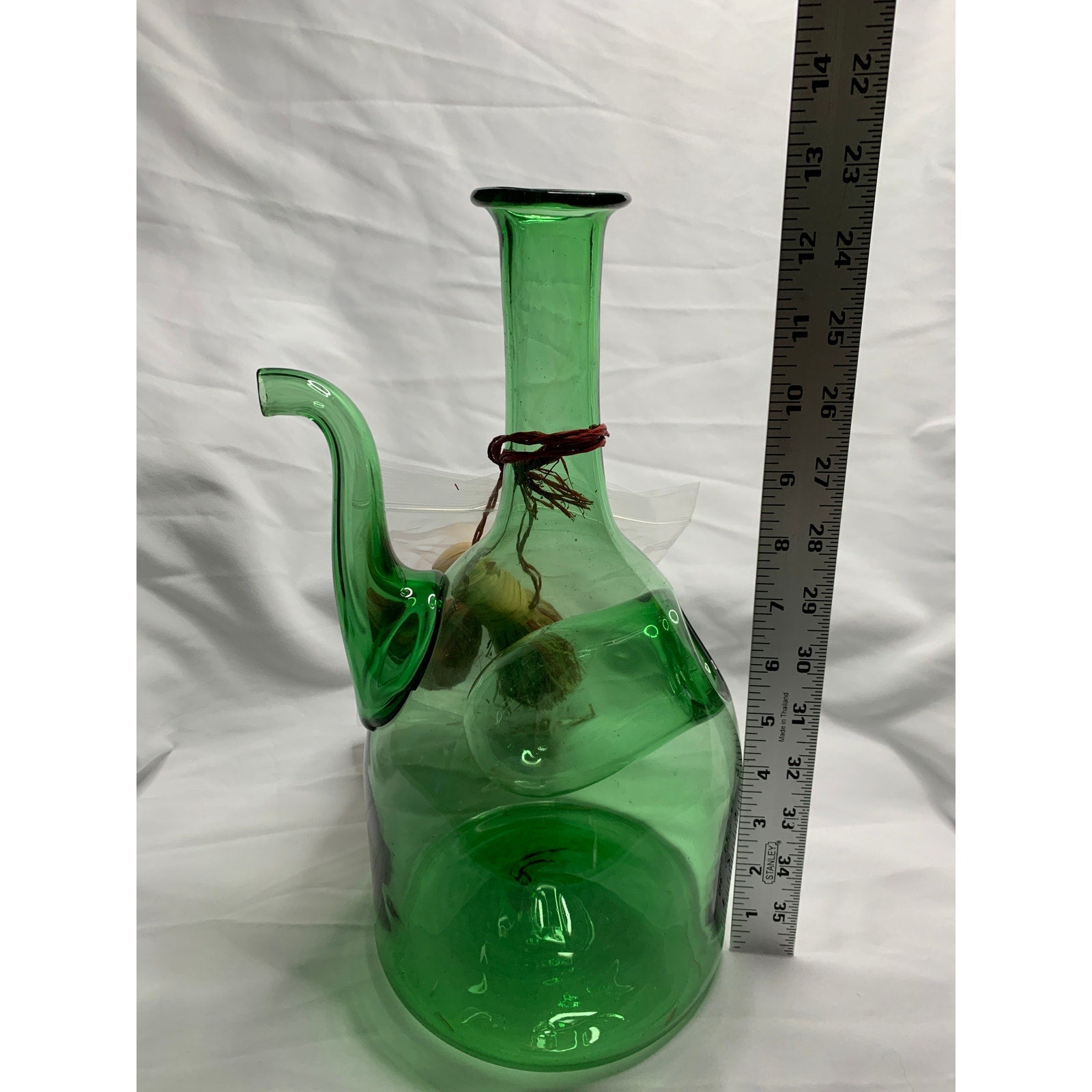 Vintage Italian Style Green Glass Wine Decanter Ice Chamber Raffia Stoppers