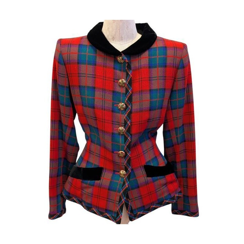 Vintage Yves Saint Laurent Rive Gauche 1994 Tartan Wool Jacket Velvet Trim FR38