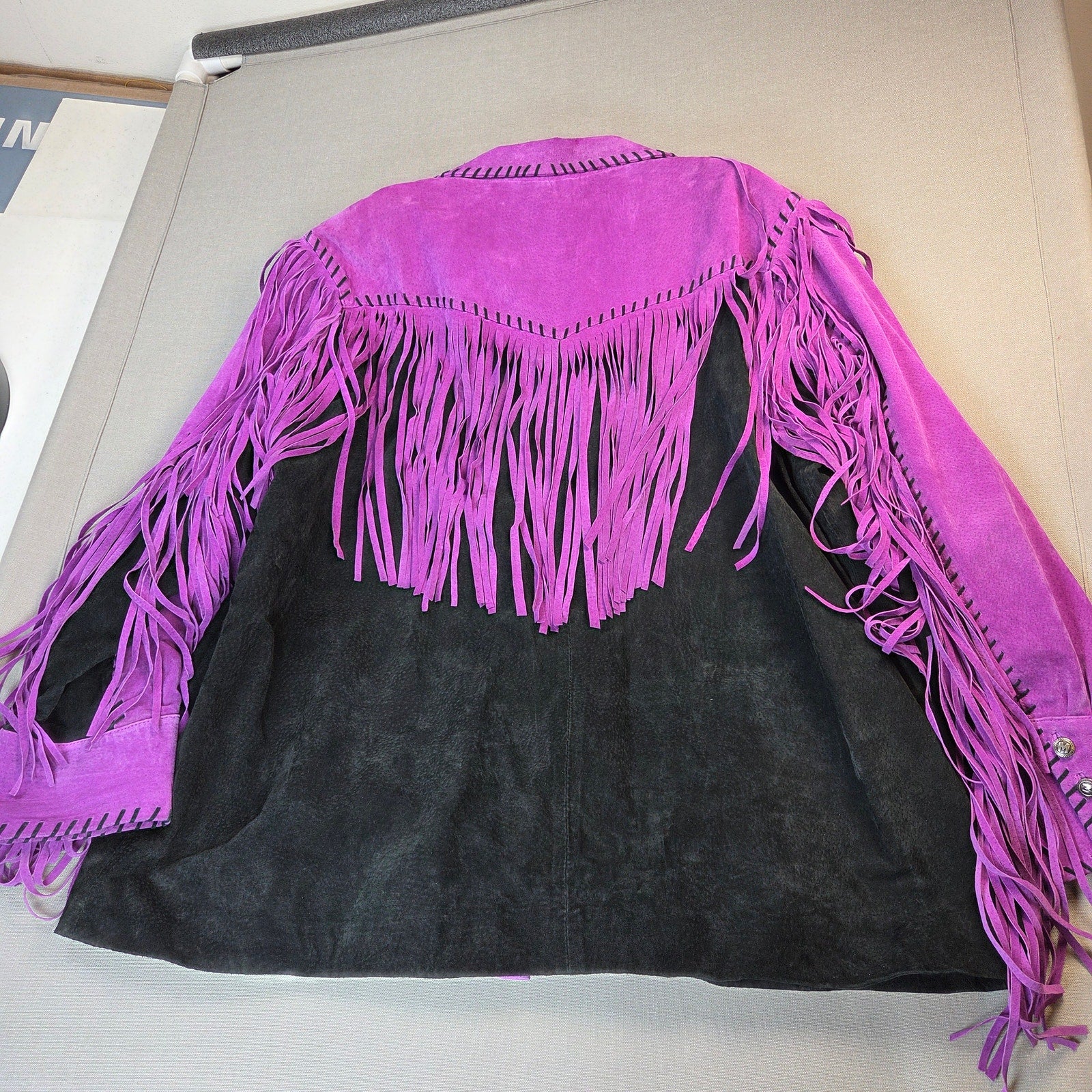 Bob Mackie Wearable Art 2X Leather Fringe Western Jacket Purple Black
