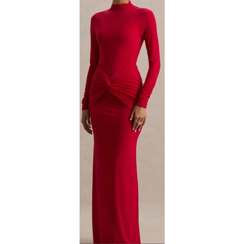 Club L London Alula Red High Neck Twist Maxi Dress UK 10 US 6 Long Sleeve NWT