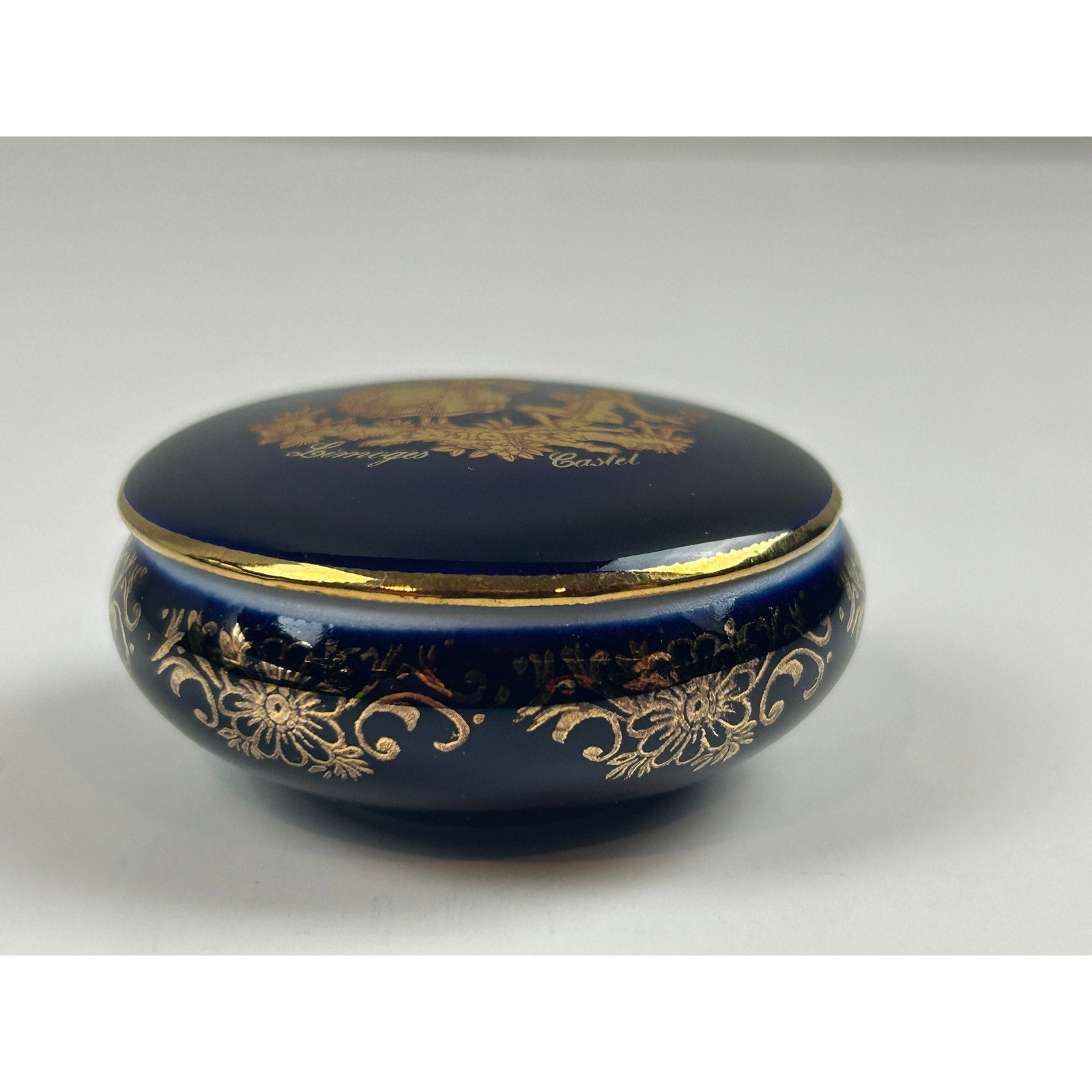 Limoges Castel Cobalt Blue Trinket Box Courting Couple 22K Gold France