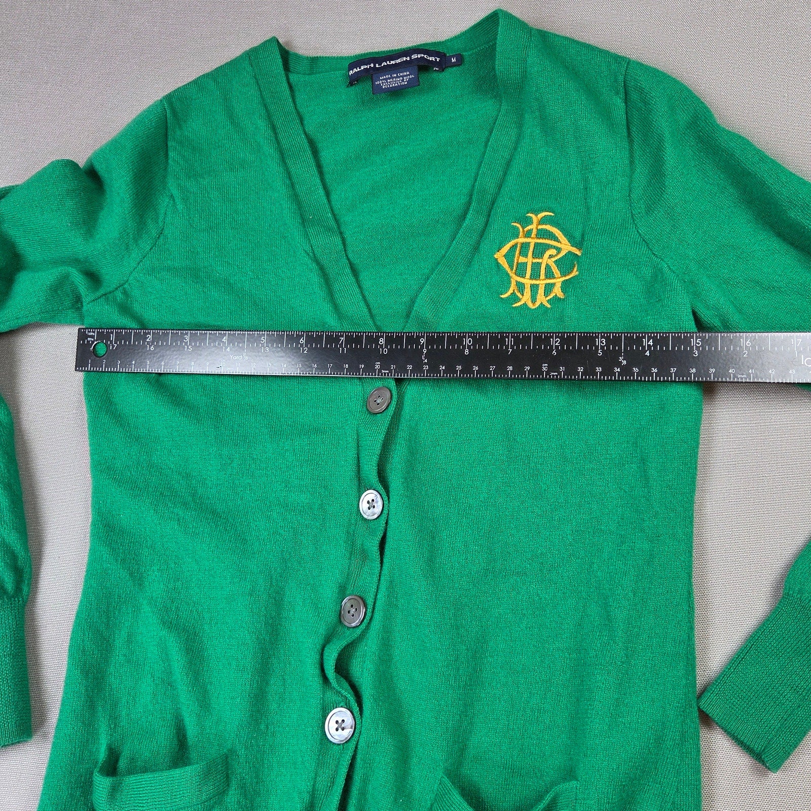 Ralph Lauren Sport Merino Wool Crest Cardigan Sweater Women's M Green V Neck