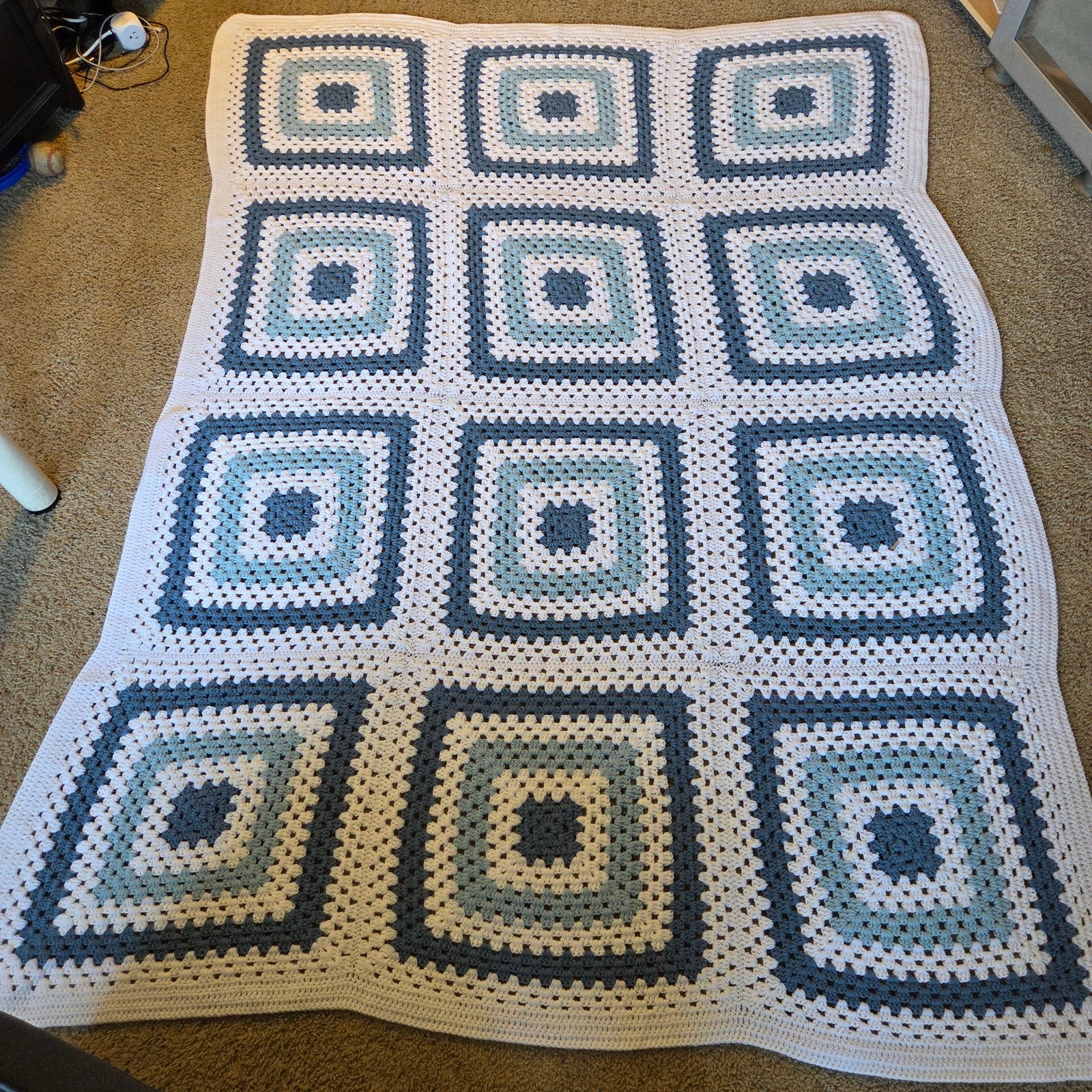 Handmade Blue White Crochet Granny Square Afghan Blanket 88x63
