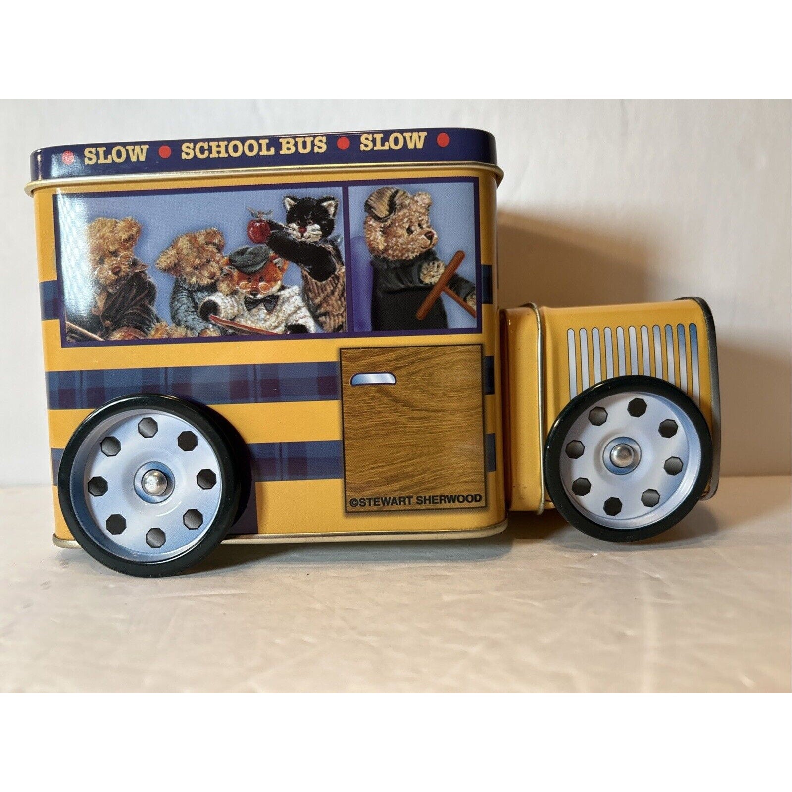 Vintage NOS GIFTCO School Bus with Wheels Tin Bank NIB Stewart Sherwood Bears