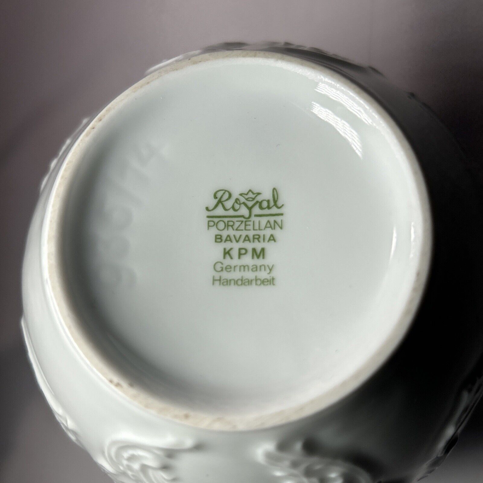Vintage KPM Bavaria Royal Porcelain Vase Embossed Floral Green Gold Rim Germany